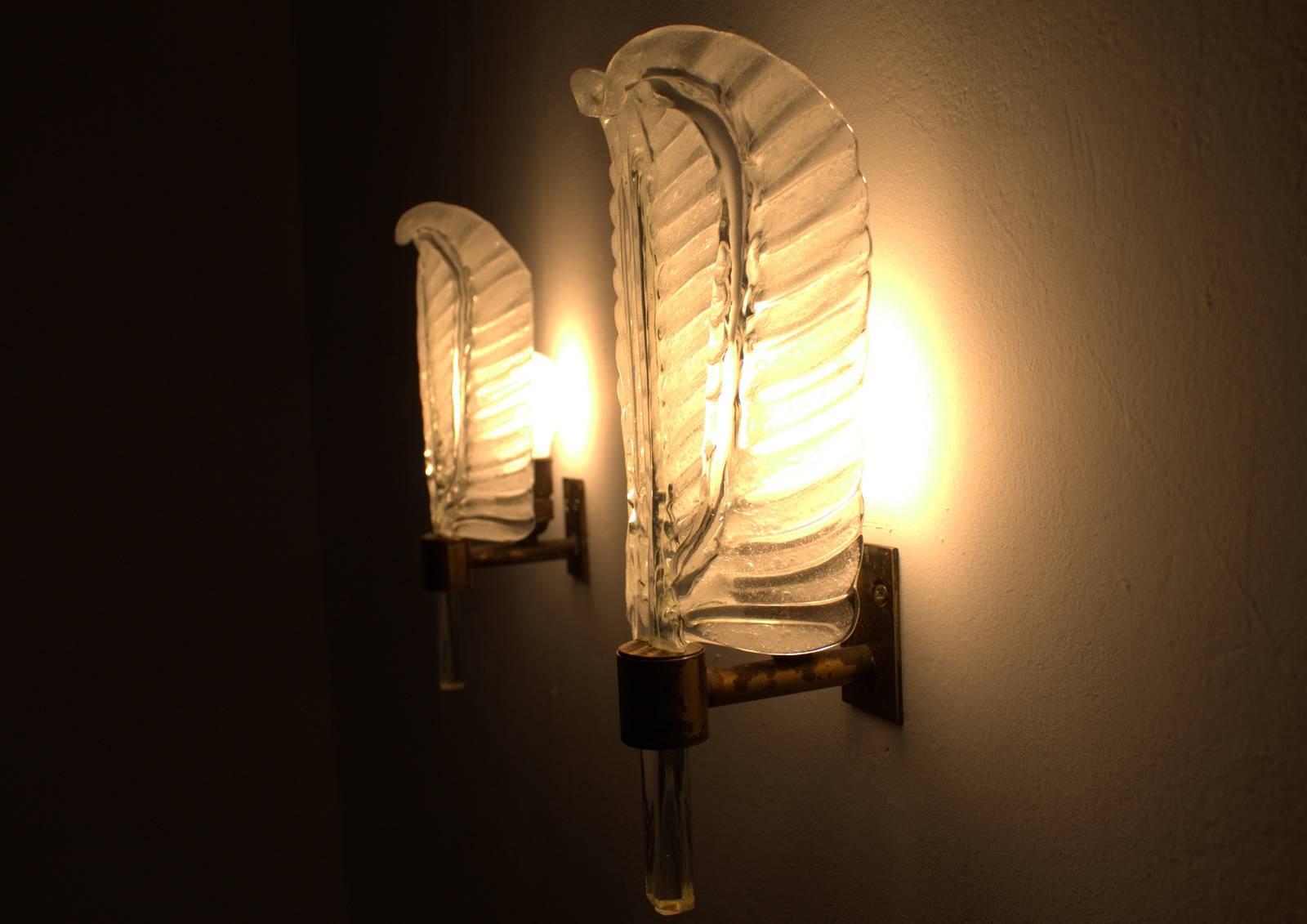 Pair of Brass and Glass Wall Sconces by Barovier Toso, 1950s In Good Condition In Frankfurt / Dreieich, DE