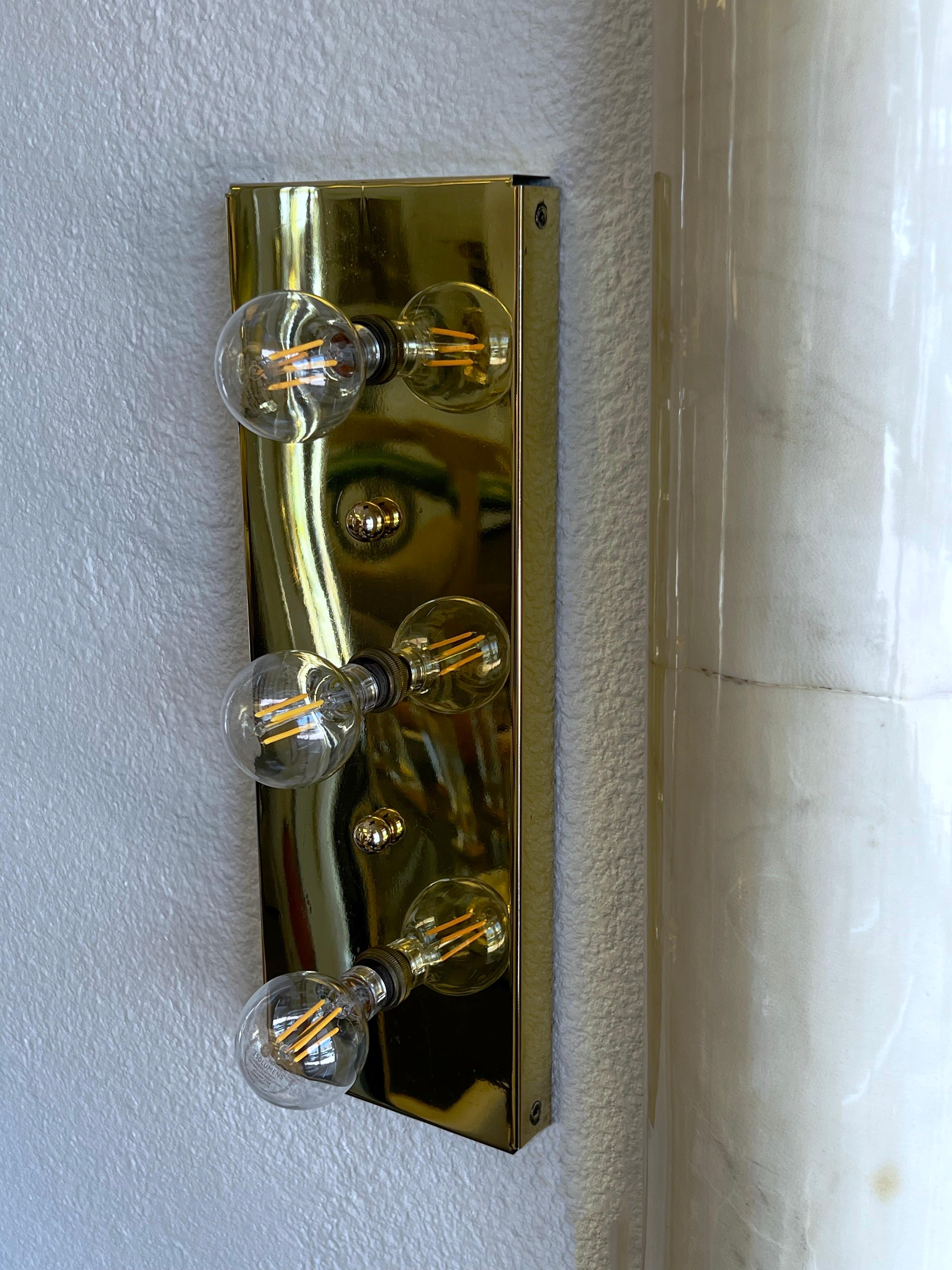 Frosted Pair of Brass and Glass Wall Sconces by Louis Baldinger & Sons For Sale