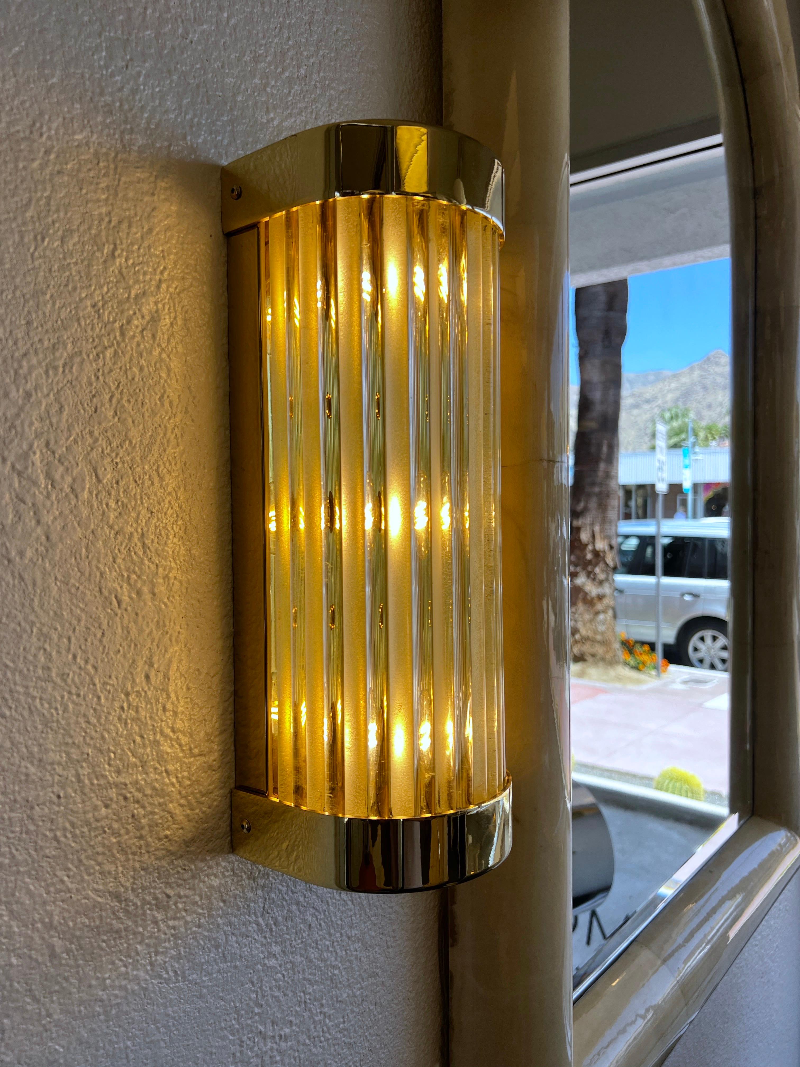 Late 20th Century Pair of Brass and Glass Wall Sconces by Louis Baldinger & Sons For Sale