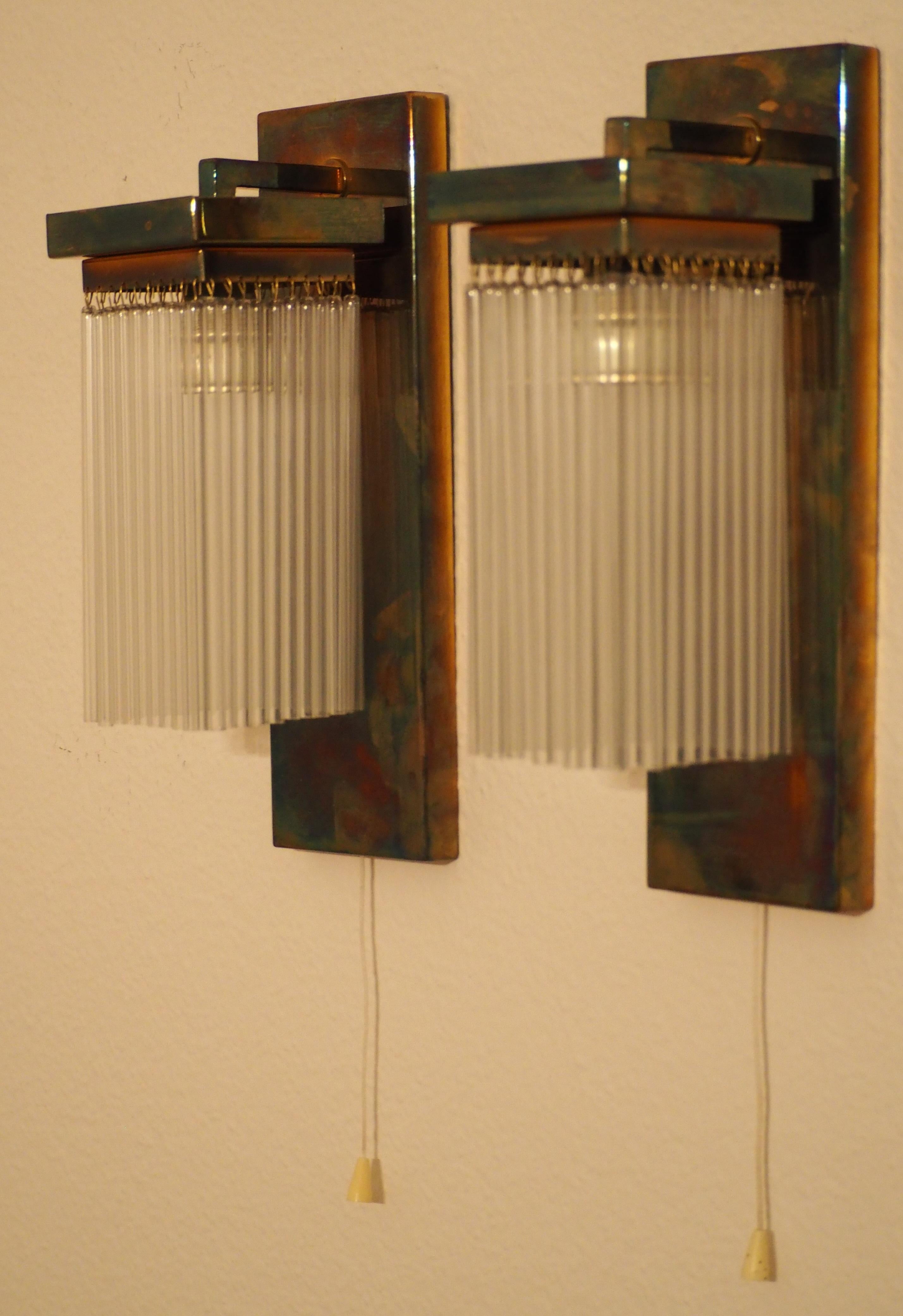 Jugendstil Pair of Brass and Glass Wall Sconces, Koloman Moser, Otto Wagner Style, Vienna