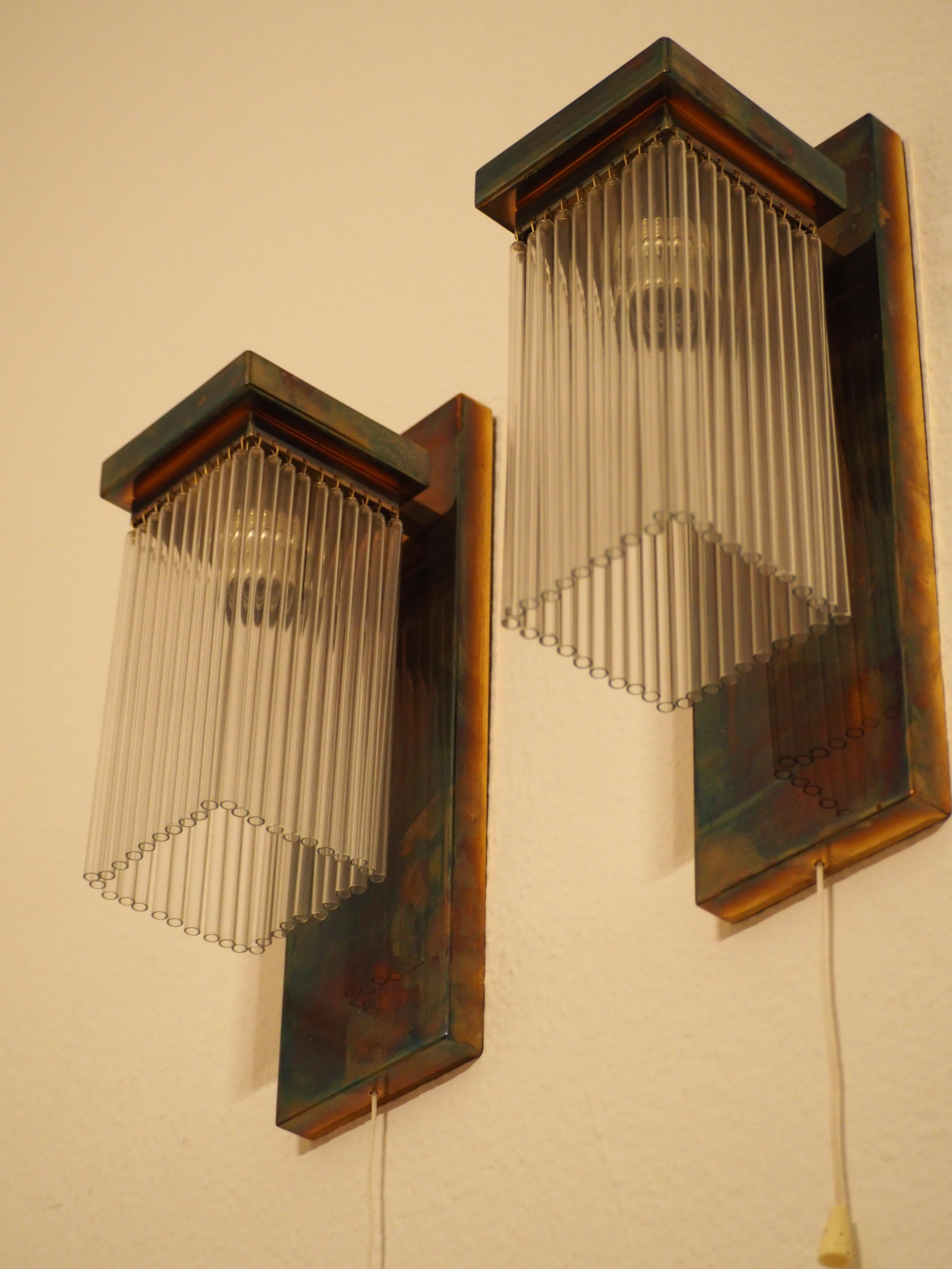 Austrian Pair of Brass and Glass Wall Sconces, Koloman Moser, Otto Wagner Style, Vienna