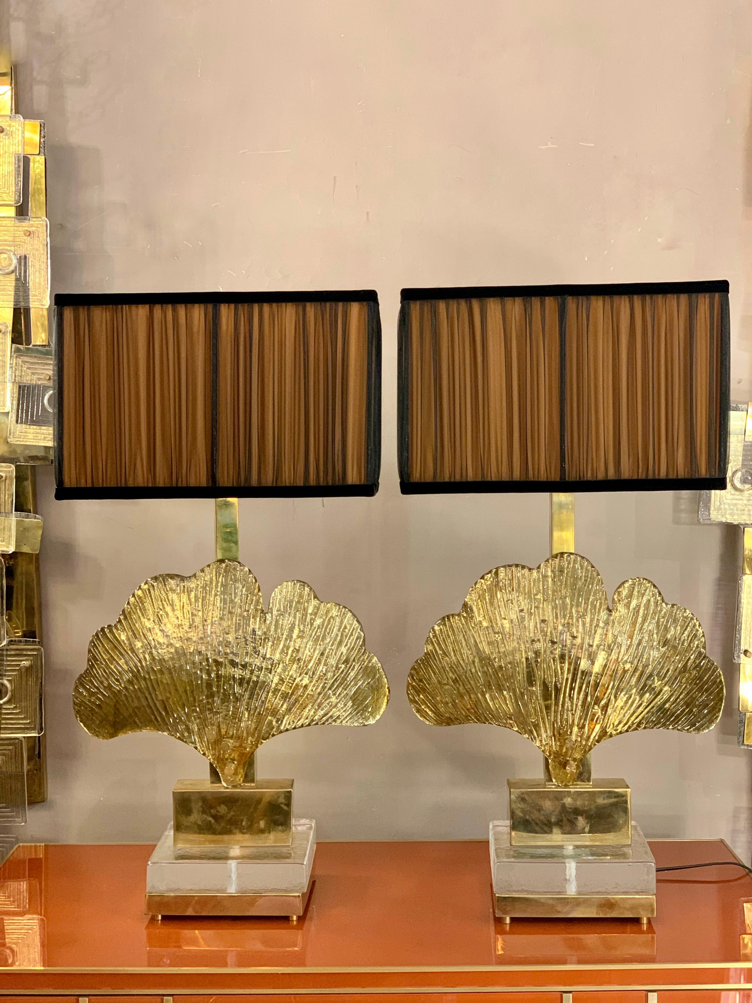 Pair of Brass and Gold Mirrored Murano Gingko Leaf Lamps with our Lampshades, 80s 7