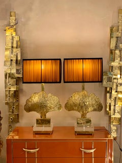 Pair of Brass and Gold Mirrored Murano Gingko Leaf Lamps with our Lampshades, 80s