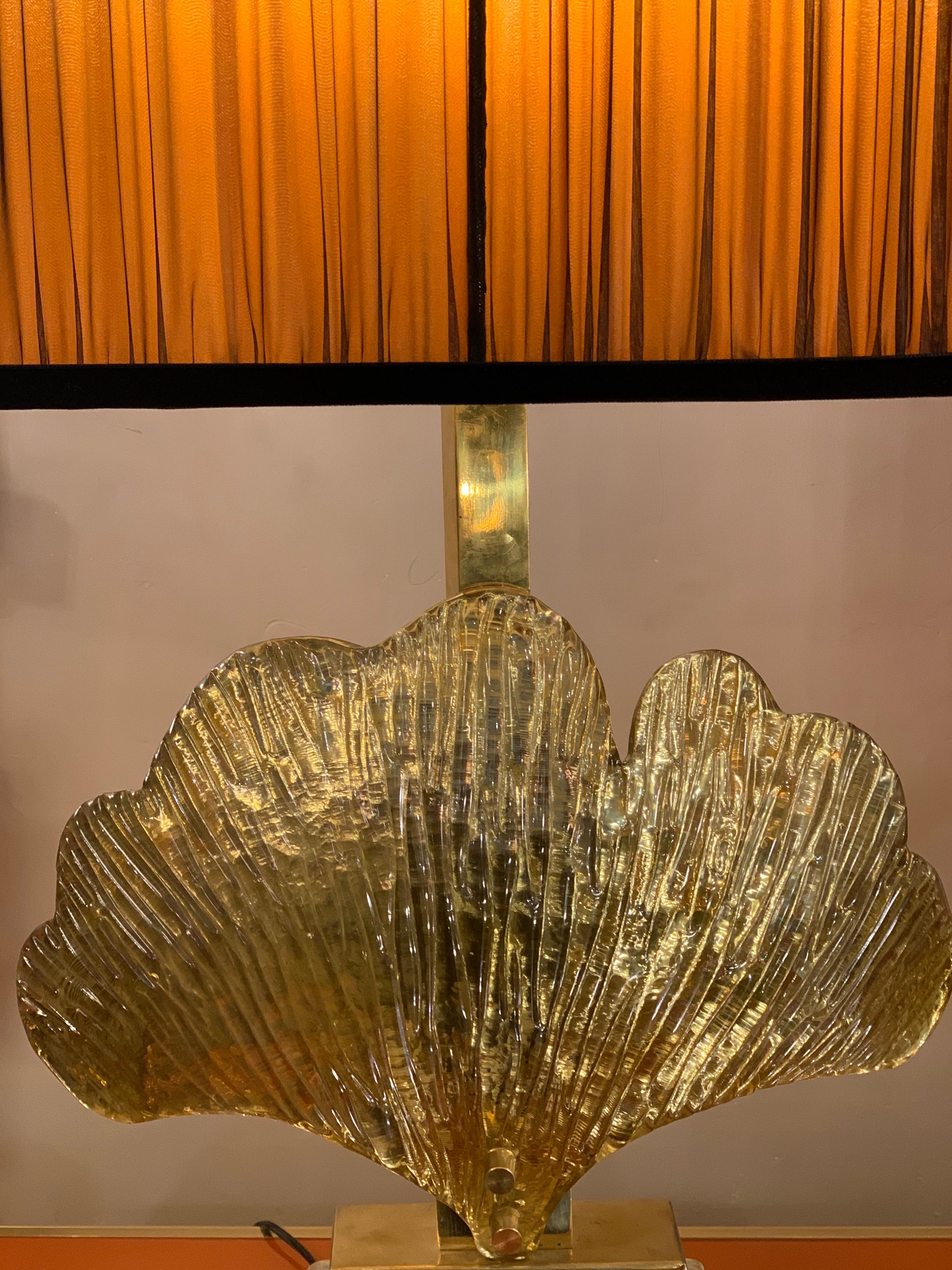 Modern Pair of Brass and Gold Mirrored Murano Gingko Leaf Lamps with our Lampshades, 80s