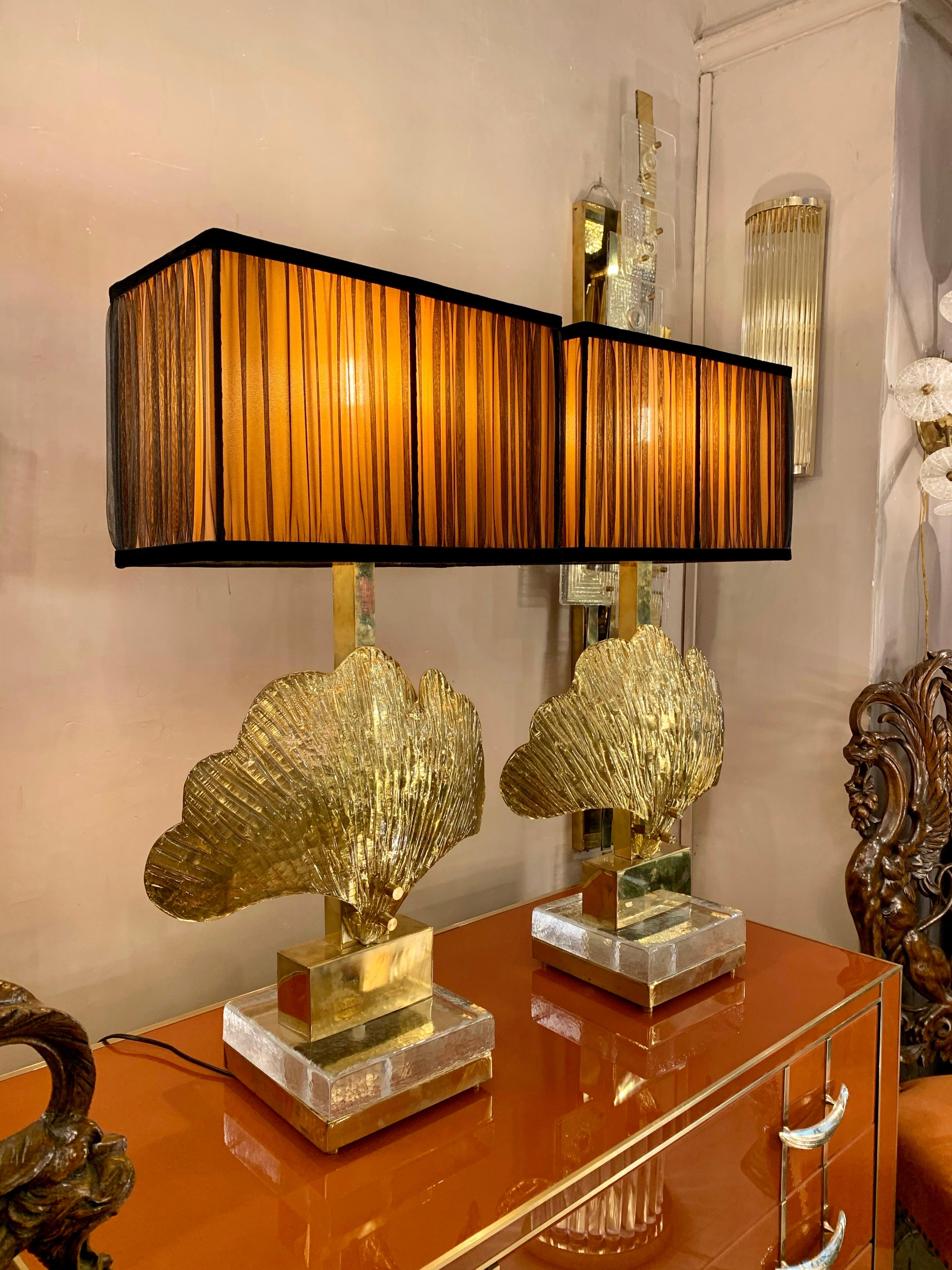 Pair of Brass and Gold Mirrored Murano Gingko Leaf Lamps with our Lampshades, 80s 1