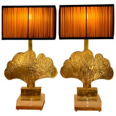 Pair of Brass and Gold Mirrored Murano Gingko Leaf Lamps with our Lampshades1980