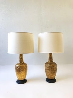 Pair of Brass and Gold Volcanic Glazed Ceramic Table Lamps