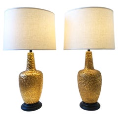 Pair of Brass and Gold Volcanic Glazed Ceramic Table Lamps