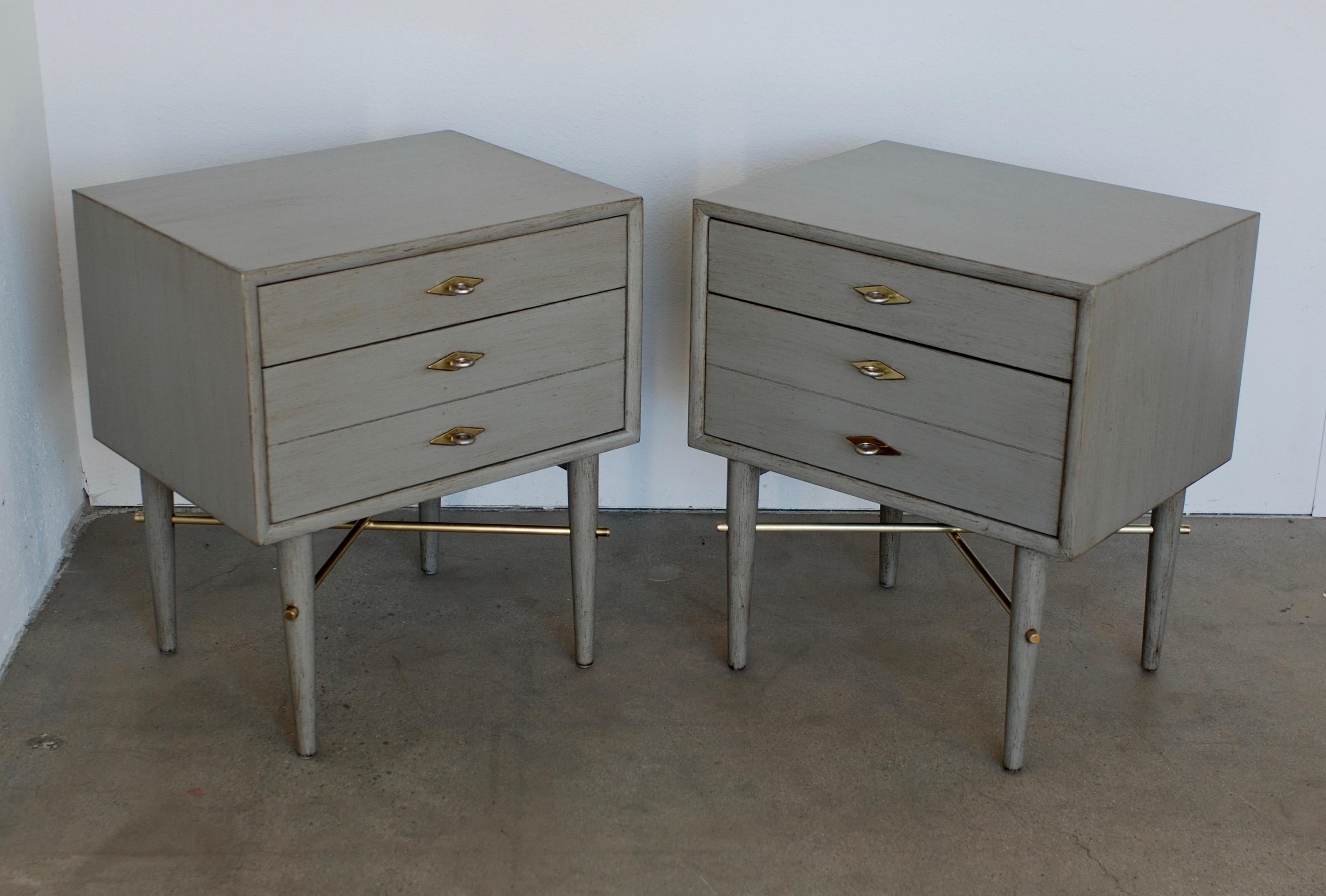 Pair of Brass and Gray American of Martinsville Nightstands 2