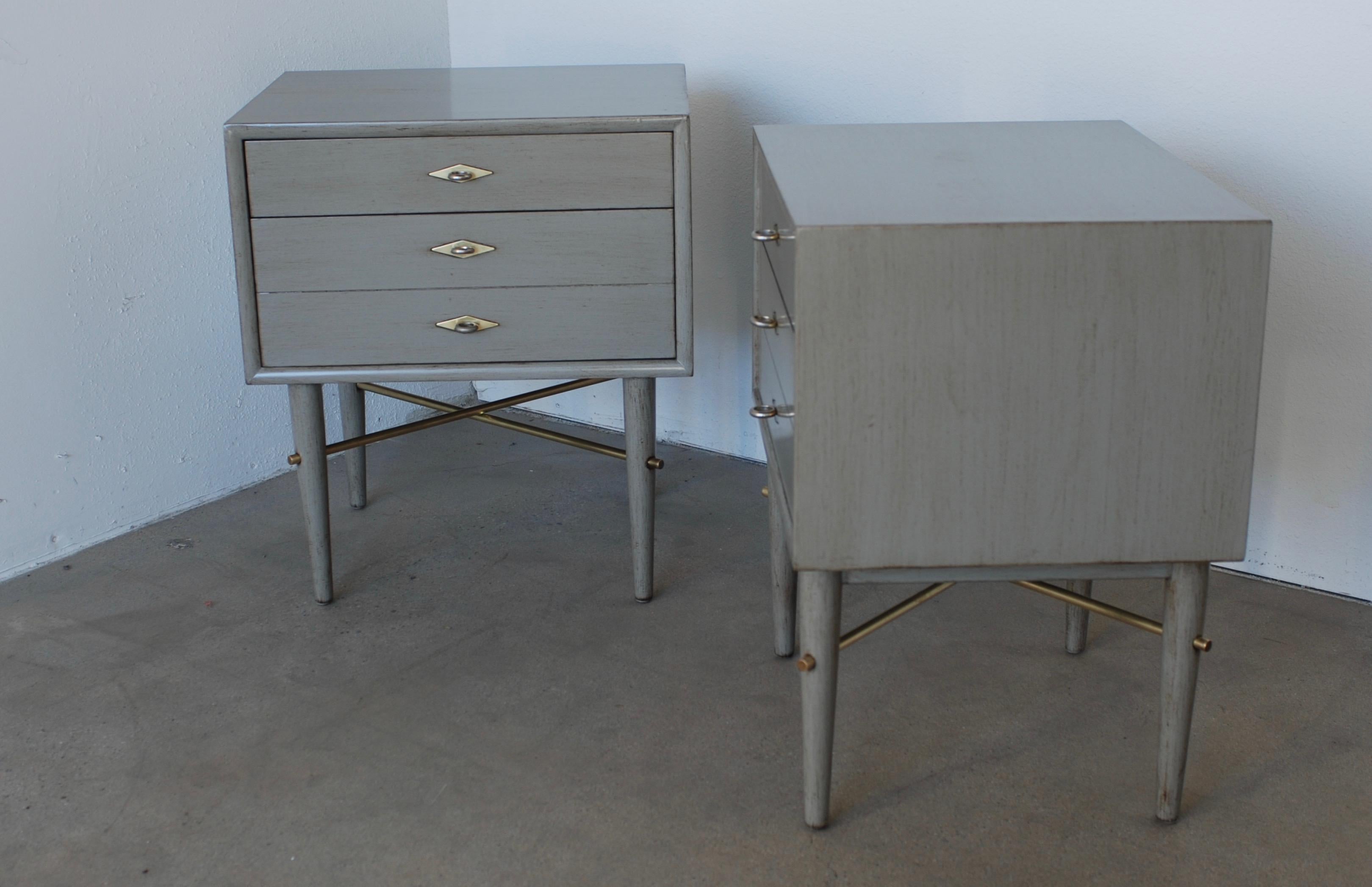 Pair of Brass and Gray American of Martinsville Nightstands 4
