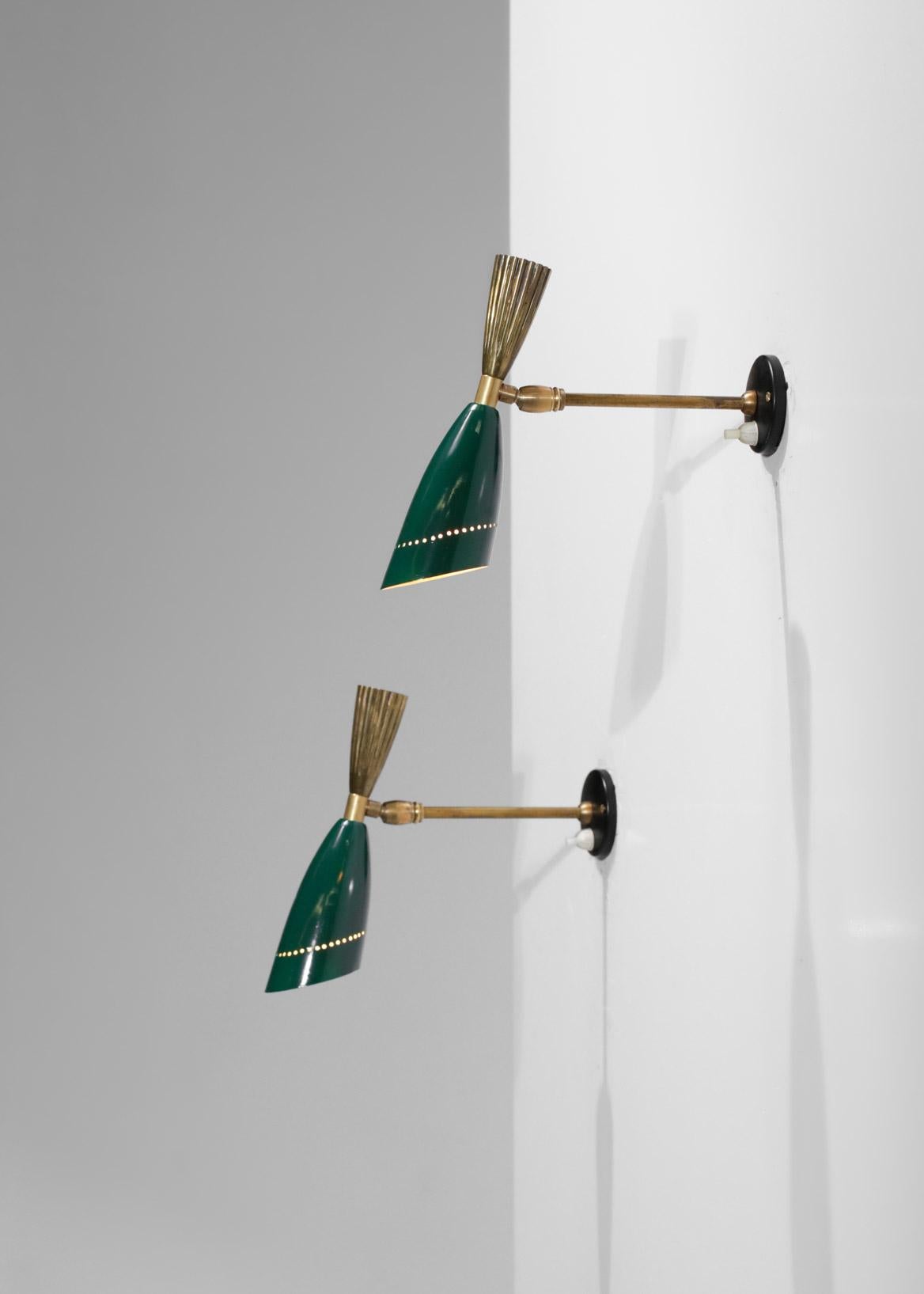 Italian Pair of Brass and Green Lacquered Metal Sconces 50's Oscar Torlasco