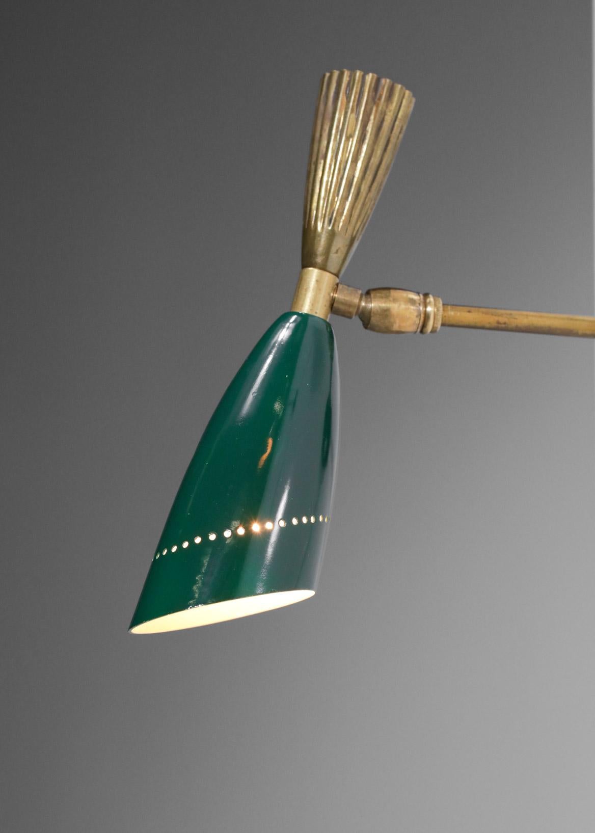 Pair of Brass and Green Lacquered Metal Sconces 50's Oscar Torlasco In Good Condition In Lyon, FR