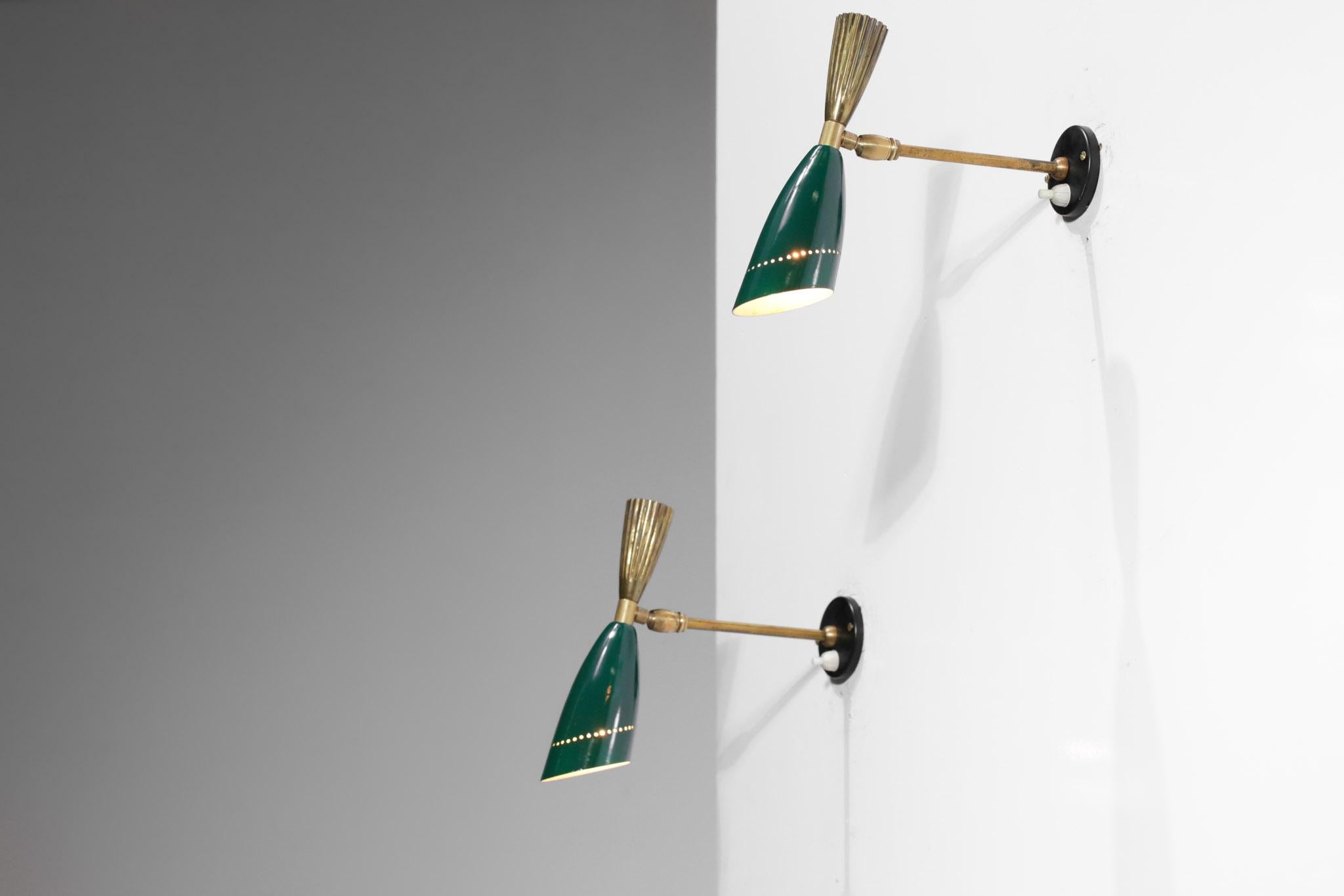 Pair of Brass and Green Lacquered Metal Sconces 50's Oscar Torlasco 2