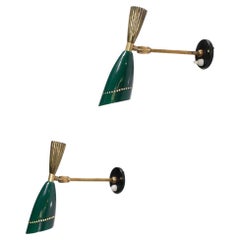 Pair of Brass and Green Lacquered Metal Sconces 50's Oscar Torlasco