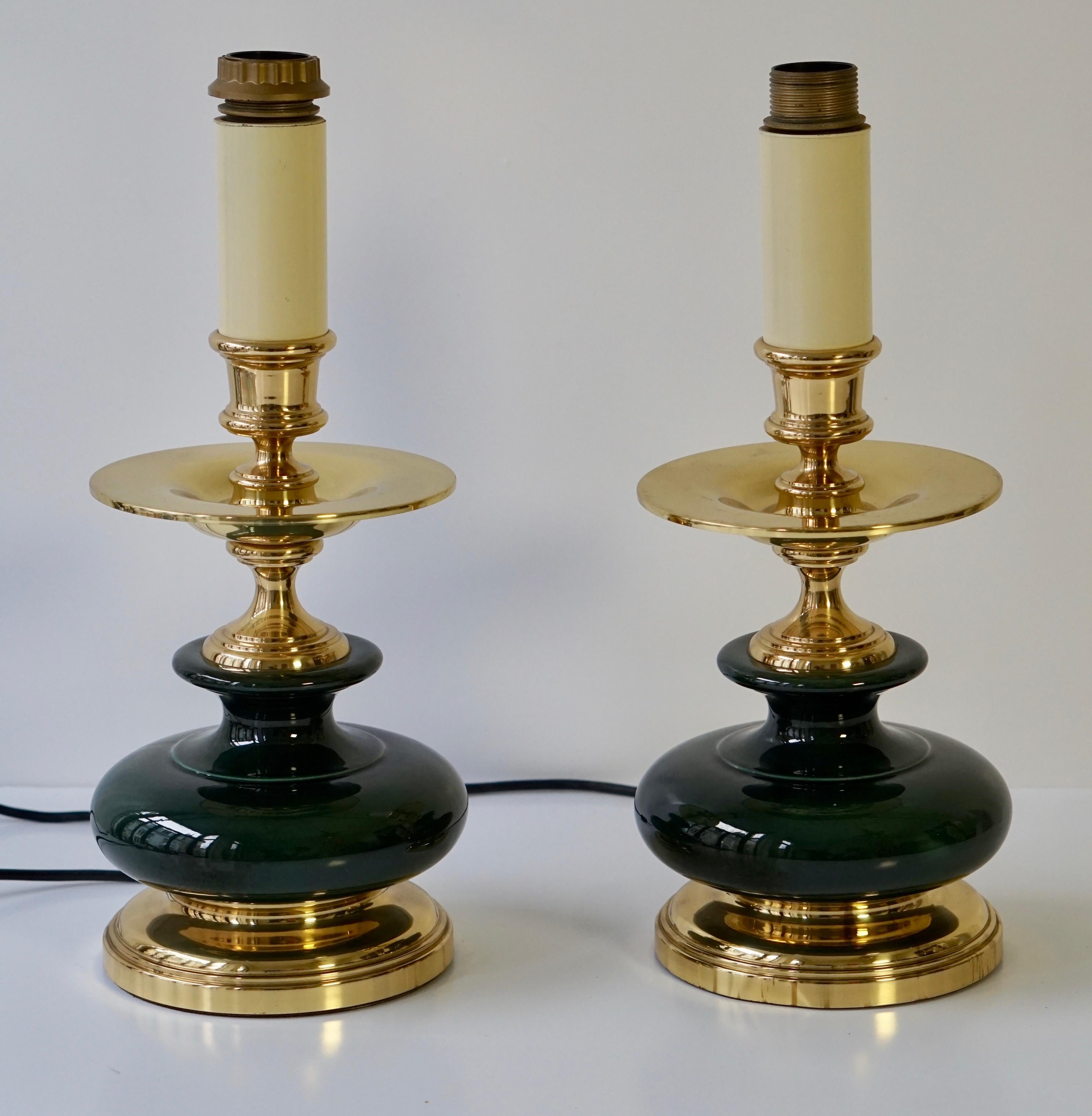 Pair of Brass and Green Porcelain Table Lamps 2