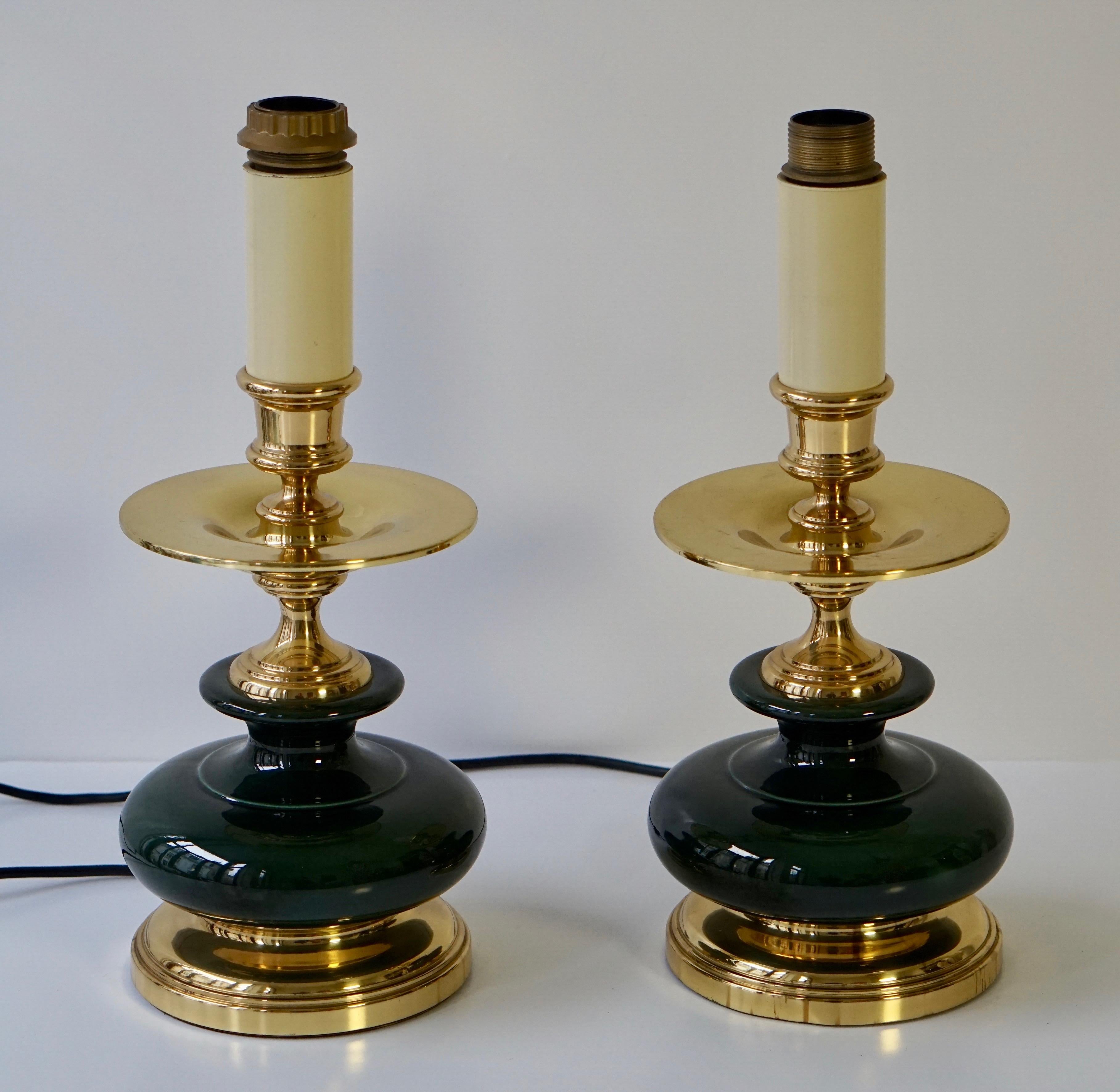 Pair of Brass and Green Porcelain Table Lamps 3