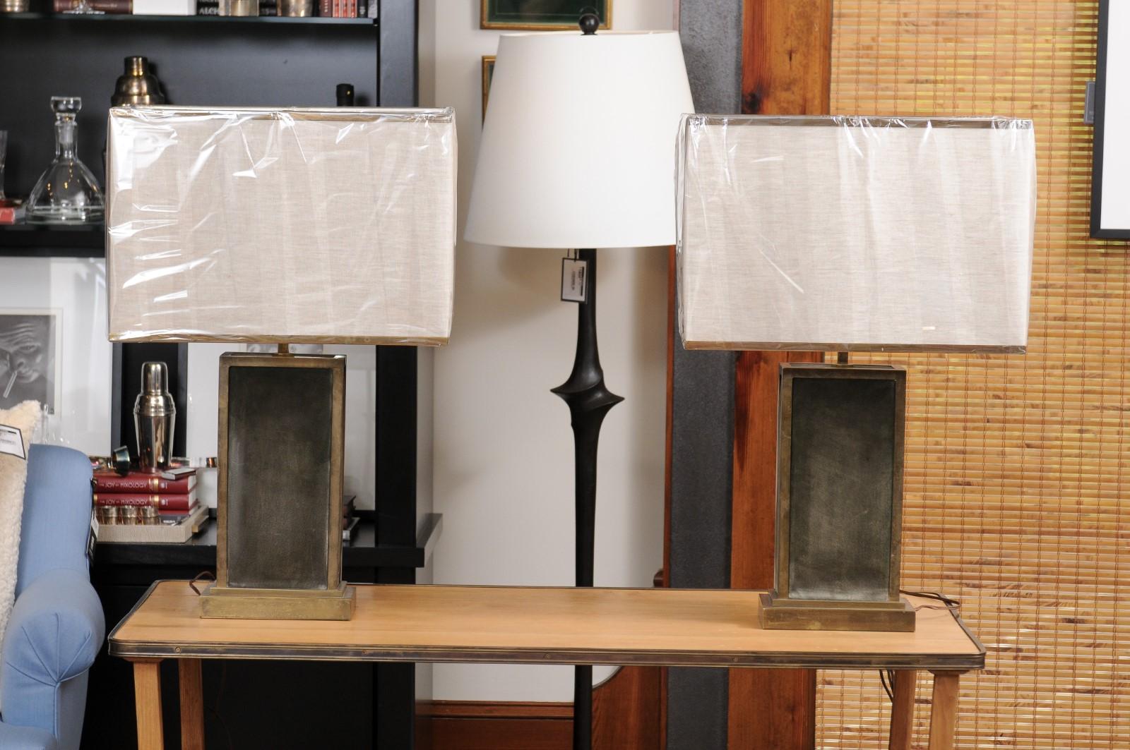Contemporary Pair of Brass and Green Suede Table Lamps For Sale