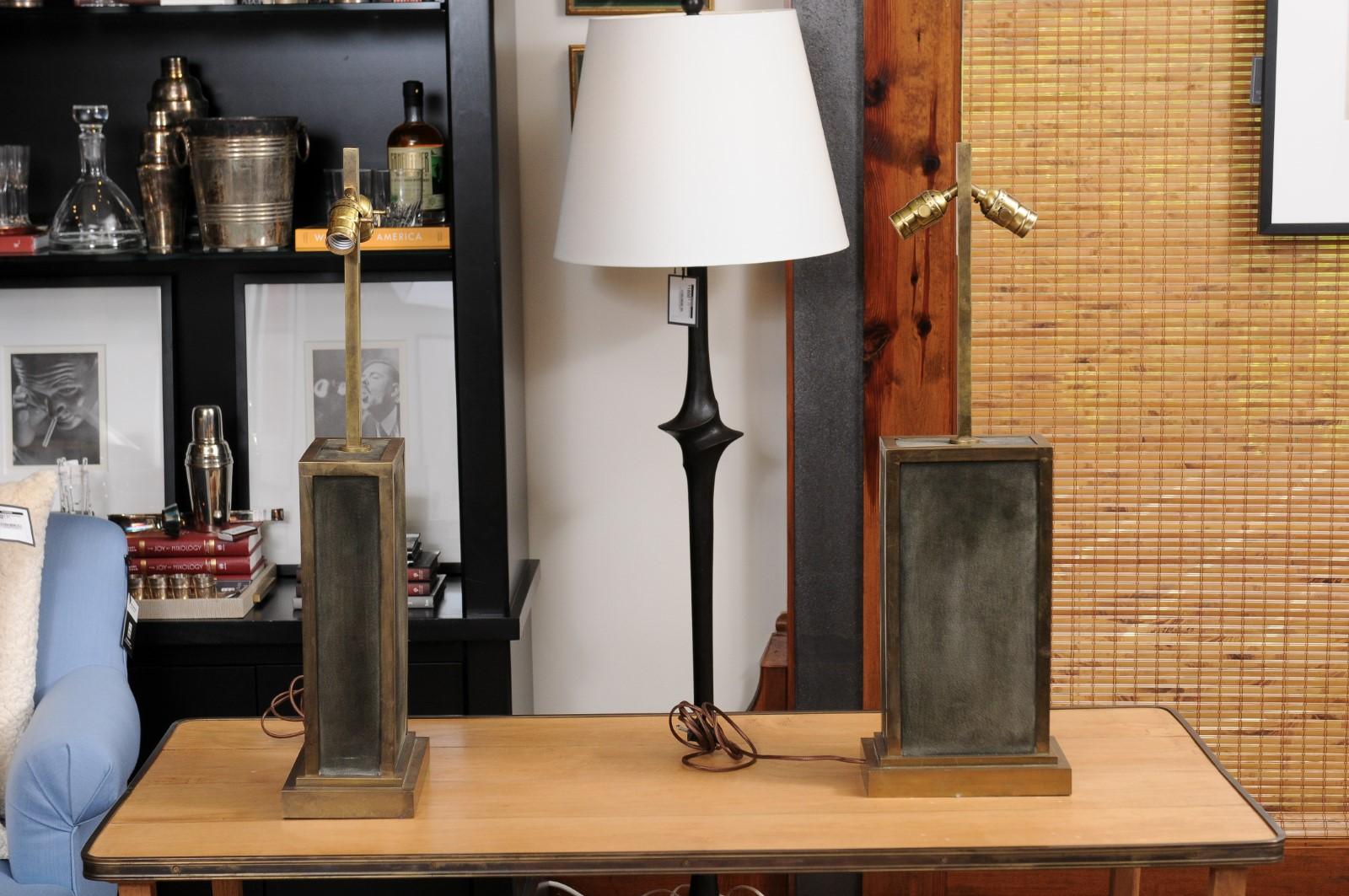 Pair of Brass and Green Suede Table Lamps For Sale 1