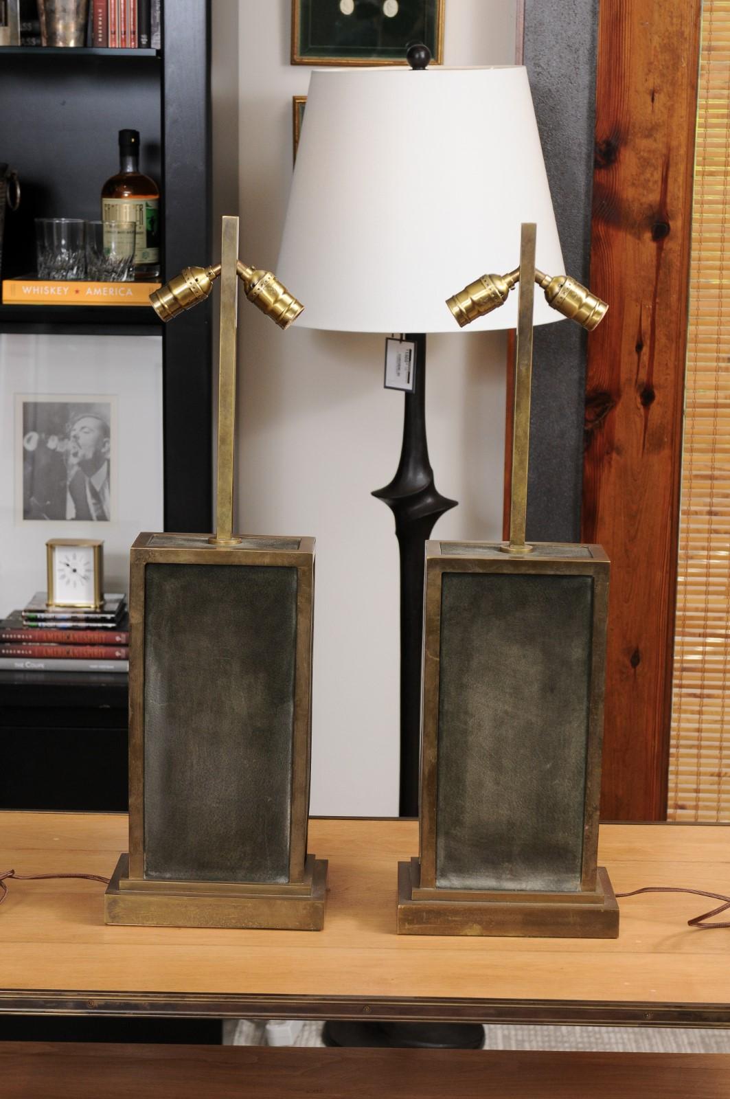 Pair of Brass and Green Suede Table Lamps For Sale 2