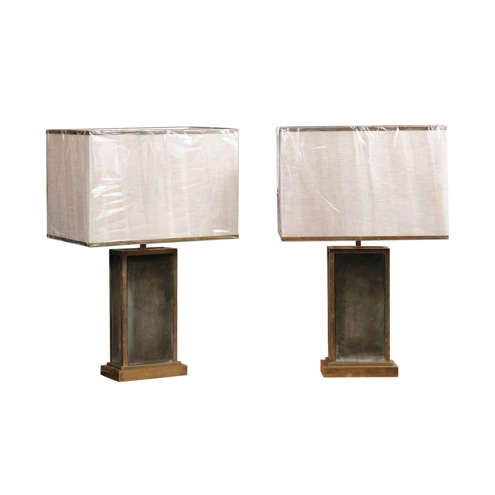 Pair of Brass and Green Suede Table Lamps For Sale 4