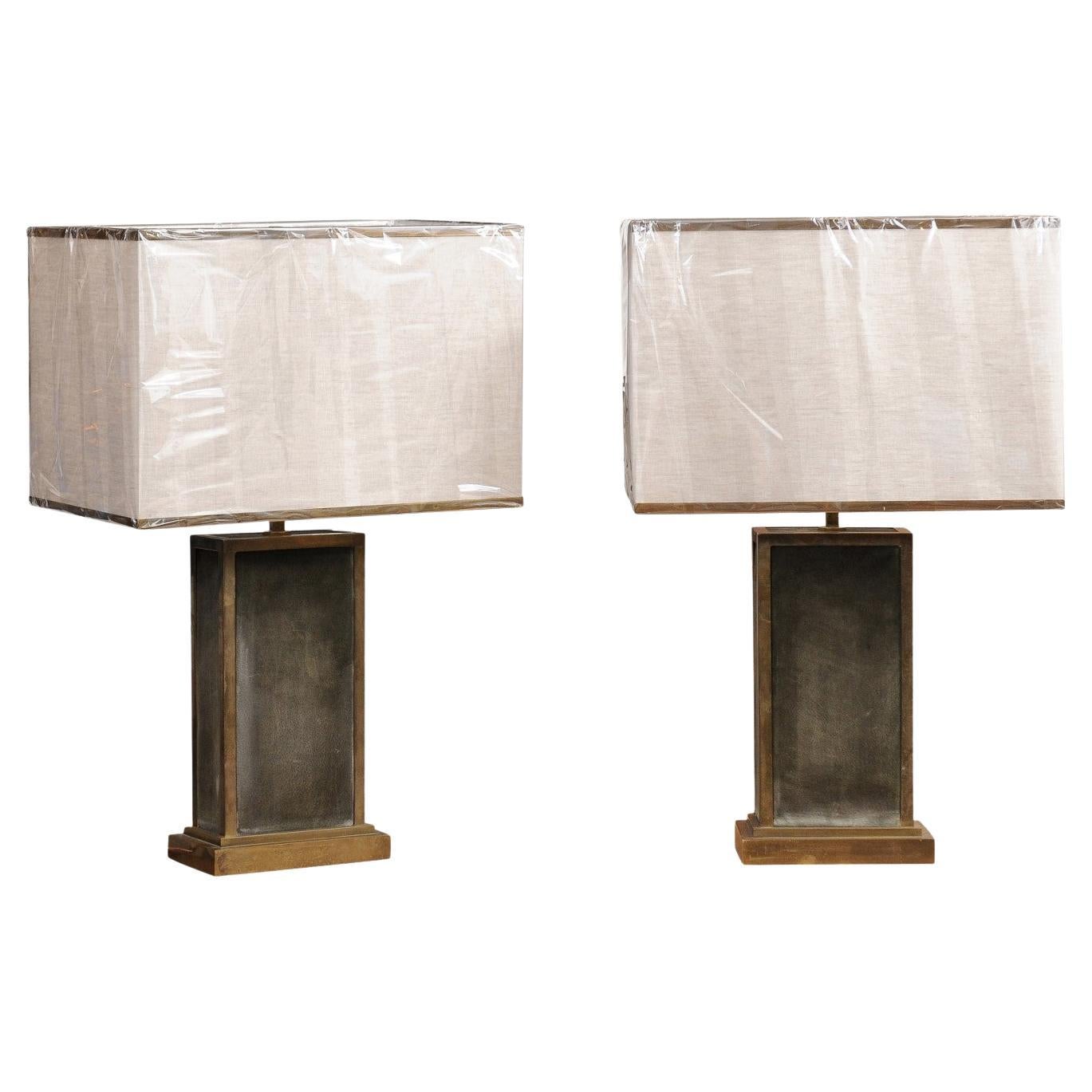 Pair of Brass and Green Suede Table Lamps For Sale