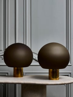 Pair of Brass and Grey Glass Dome Table Lamps