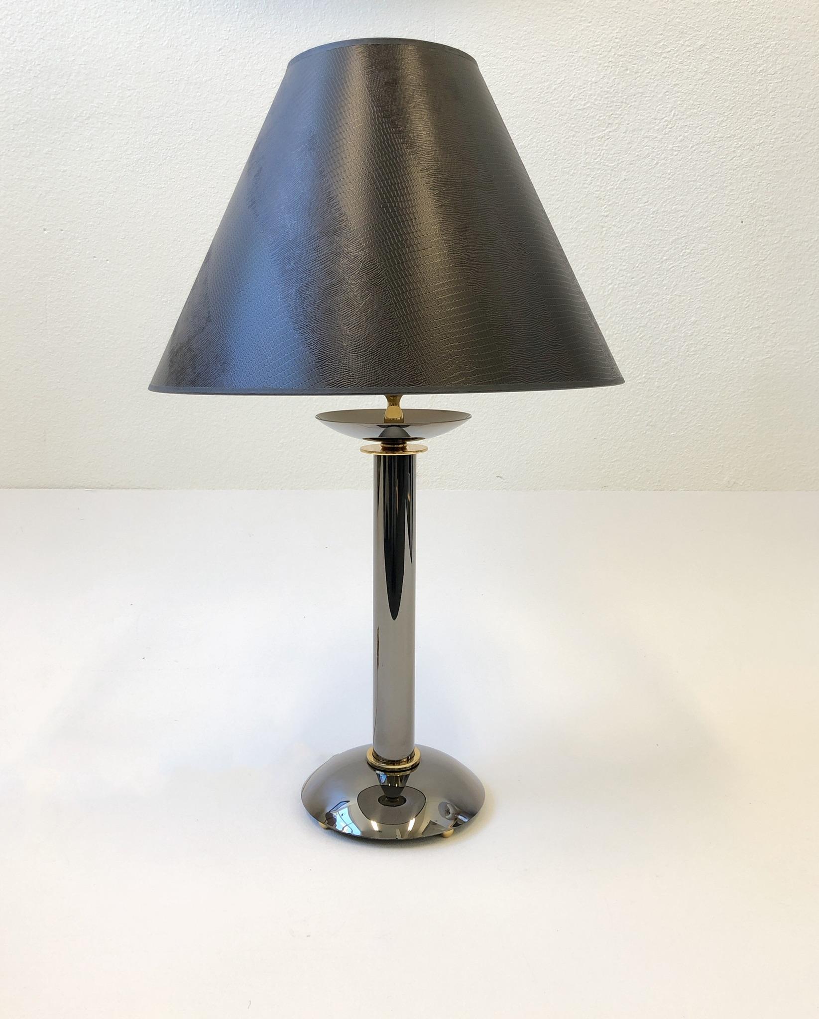 Modern Pair of Brass and Gunmetal Table Lamps by Karl Springer For Sale