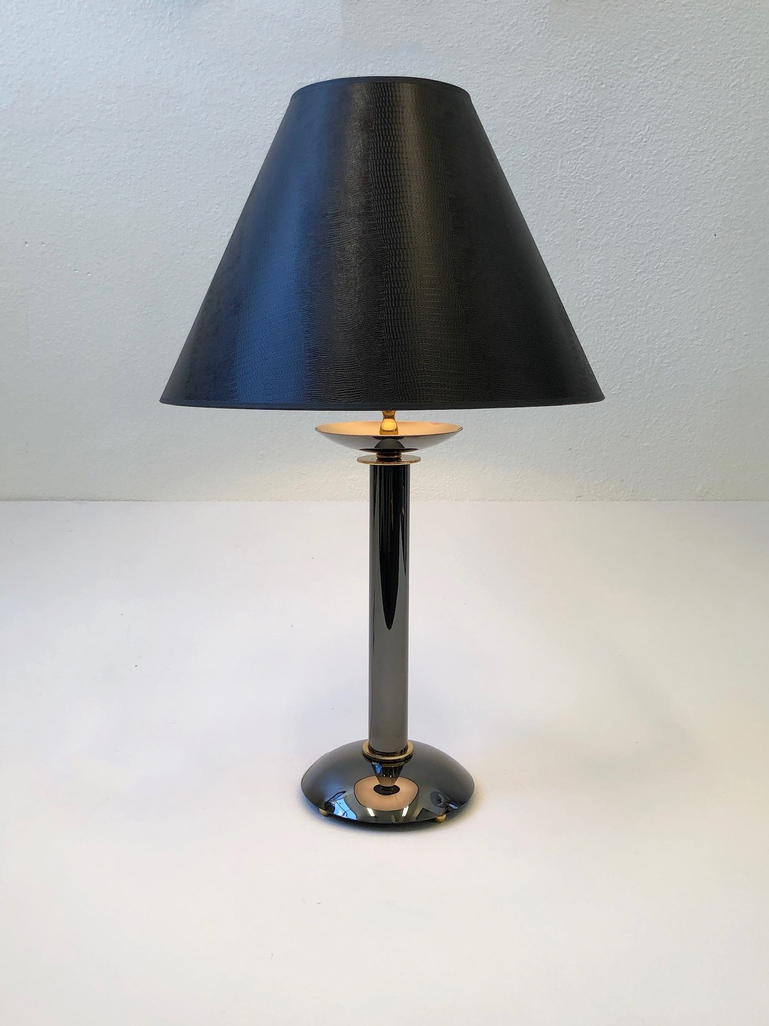 Late 20th Century Pair of Brass and Gunmetal Table Lamps by Karl Springer For Sale