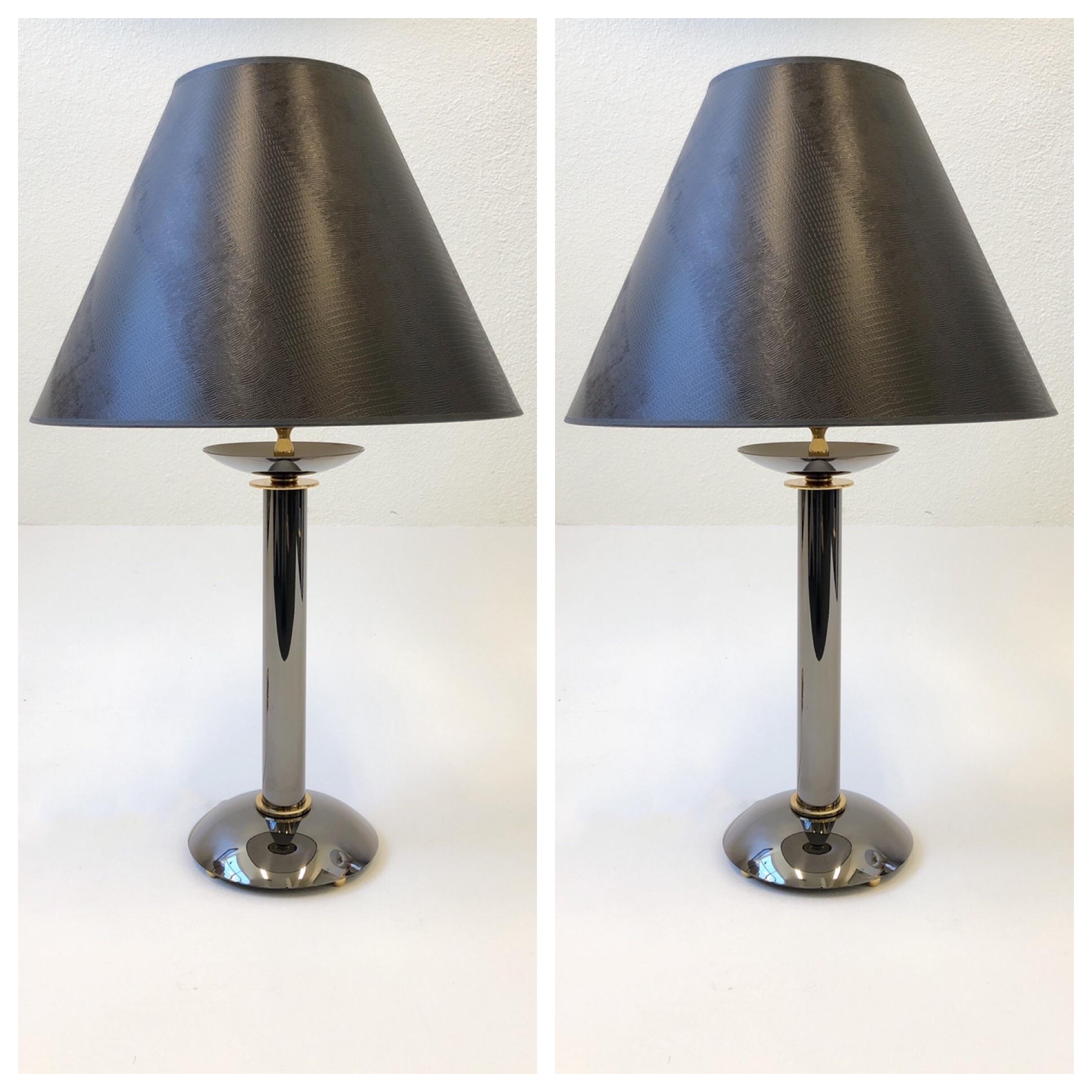 Pair of Brass and Gunmetal Table Lamps by Karl Springer For Sale 1