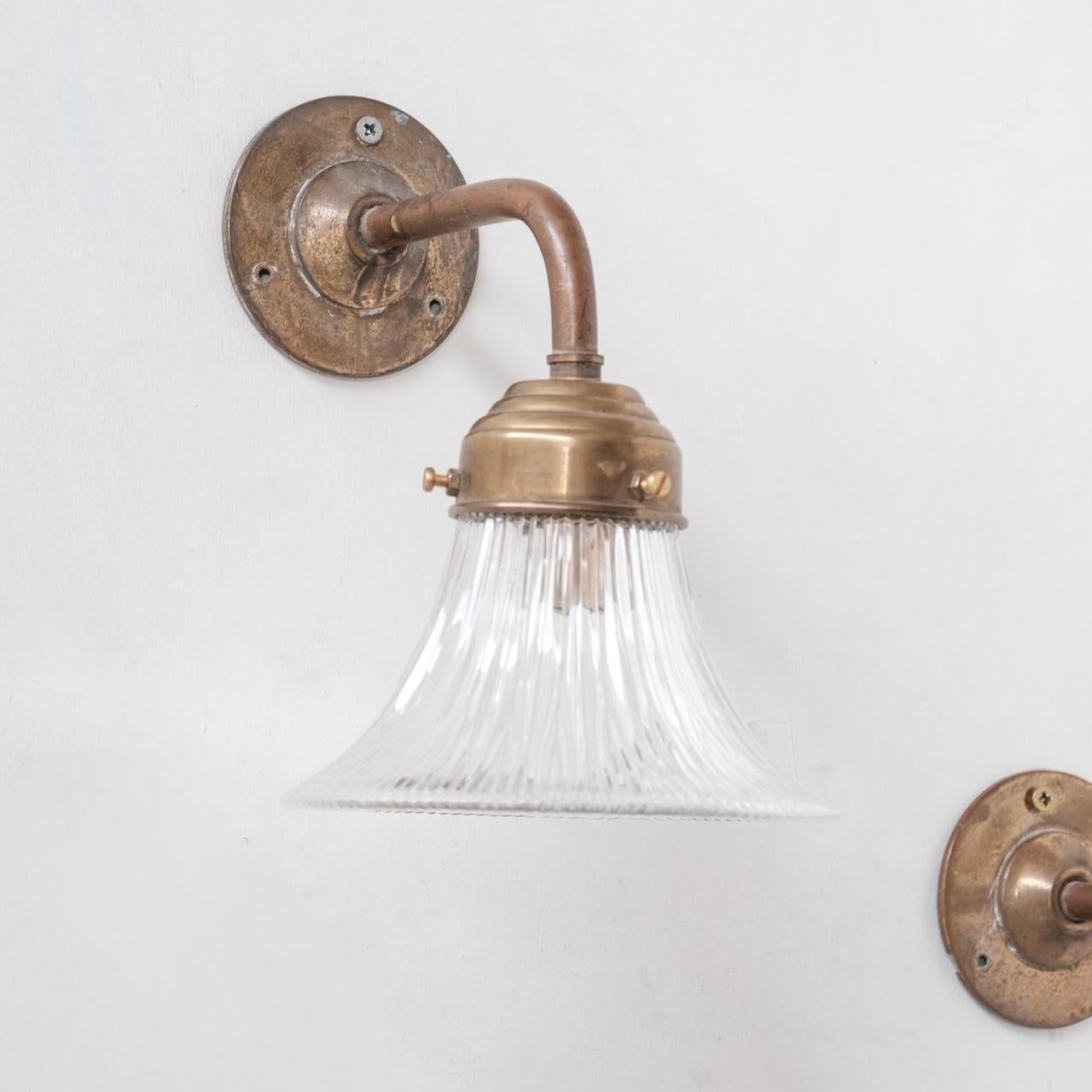 20th Century Pair of Brass and Holophane Glass French Mid-Century Wall Lights For Sale