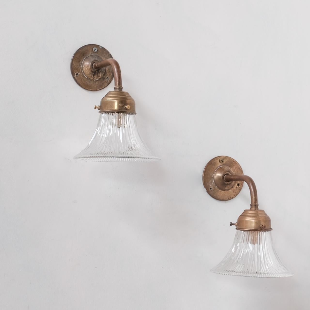 Pair of Brass and Holophane Glass French Mid-Century Wall Lights For Sale 3