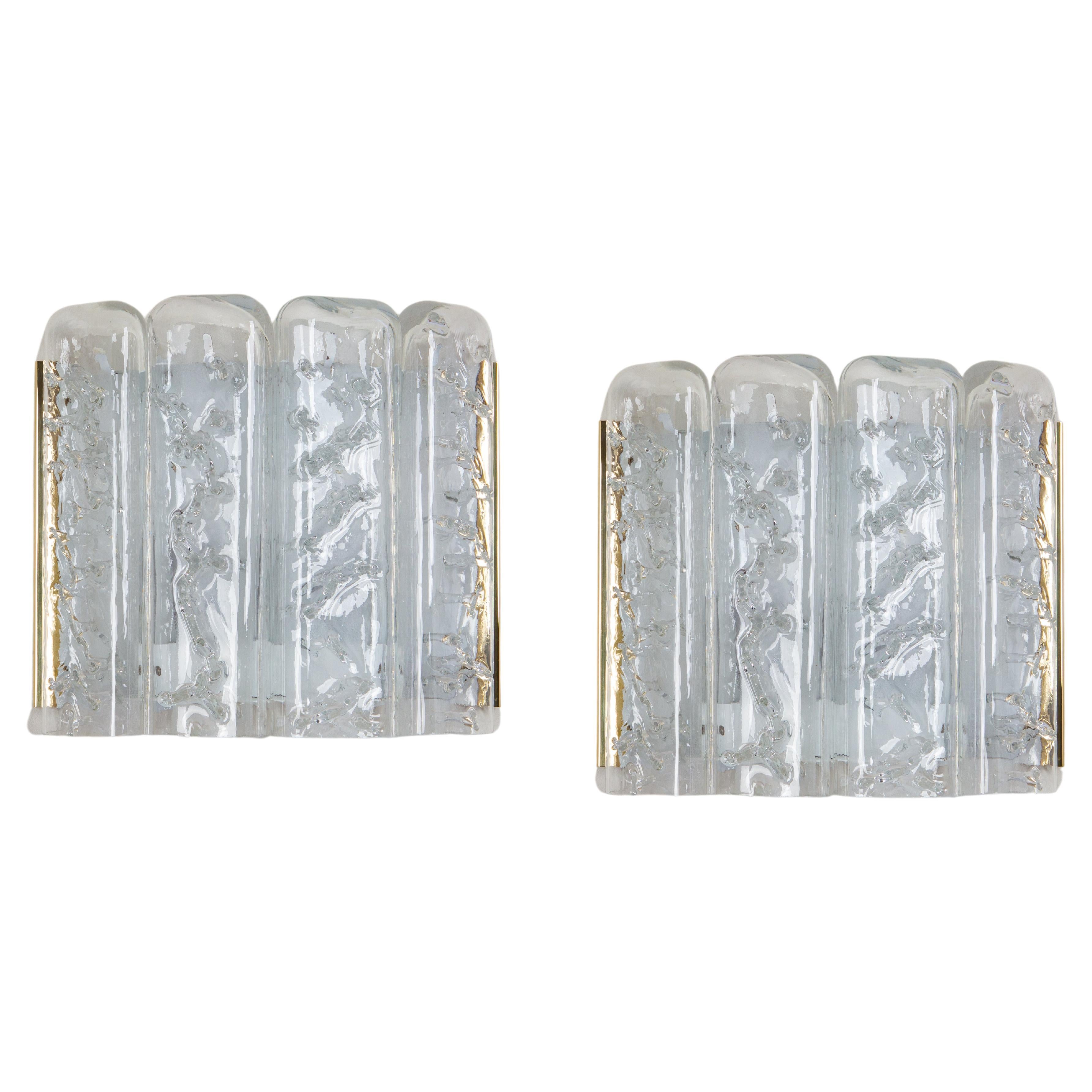 Pair of Brass and Ice Glass Wall Sconces by Doria, Germany, 1960s
