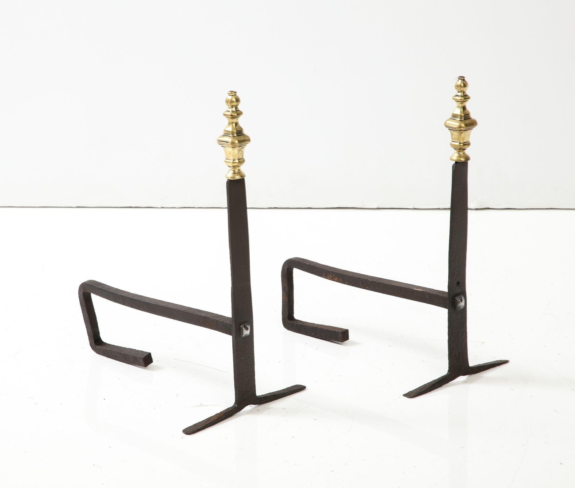Good pair of 18th century brass and wrought iron steeple top andirons with unusual flat penny foot, English or American circa 1760.