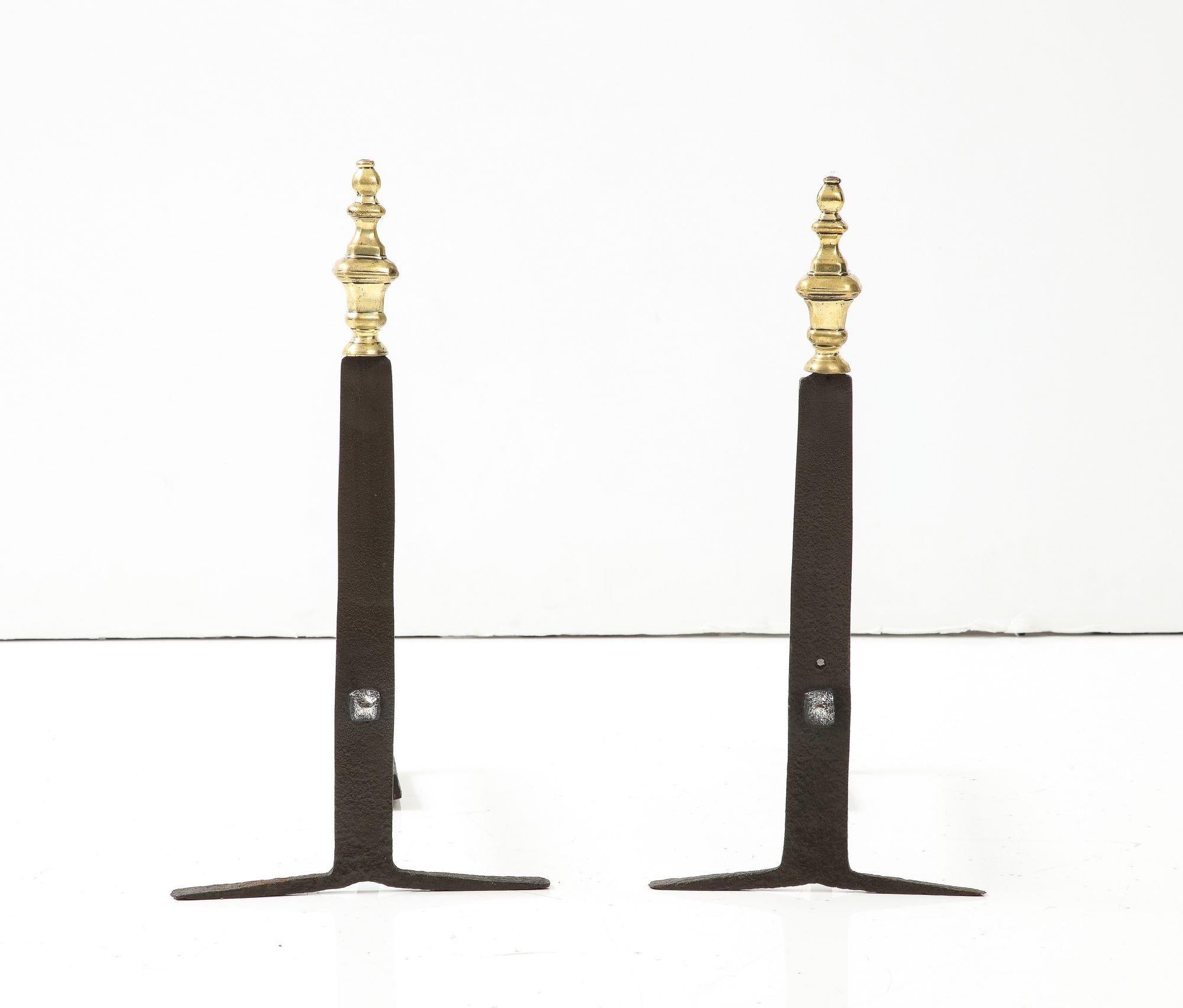 Neoclassical Pair of Brass and Iron Andirons For Sale