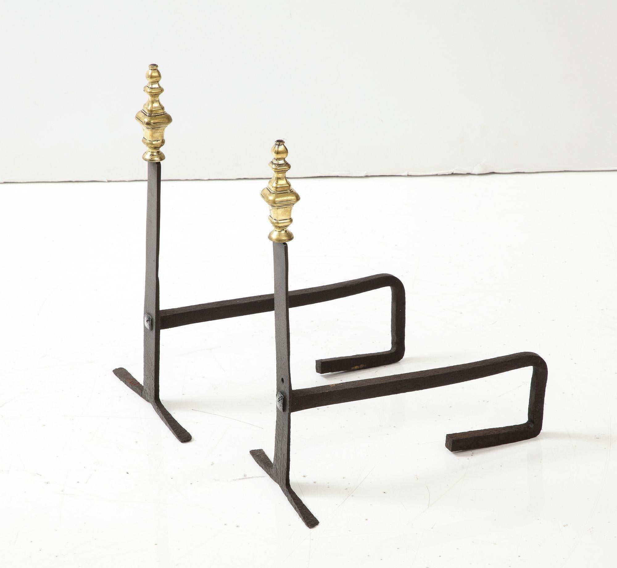 North American Pair of Brass and Iron Andirons For Sale