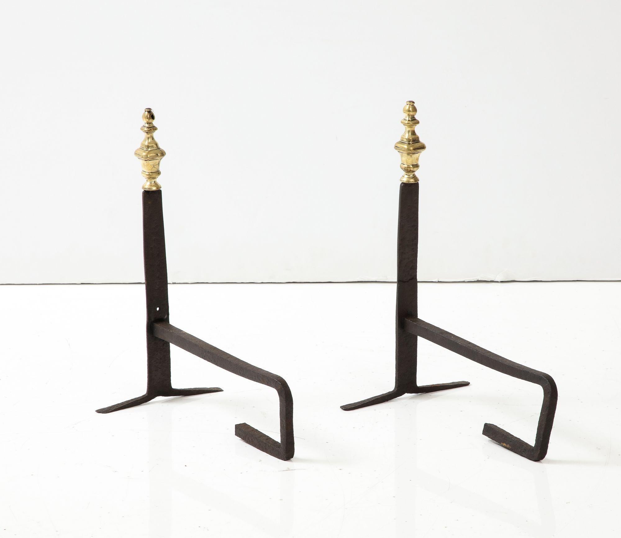 Mid-18th Century Pair of Brass and Iron Andirons For Sale