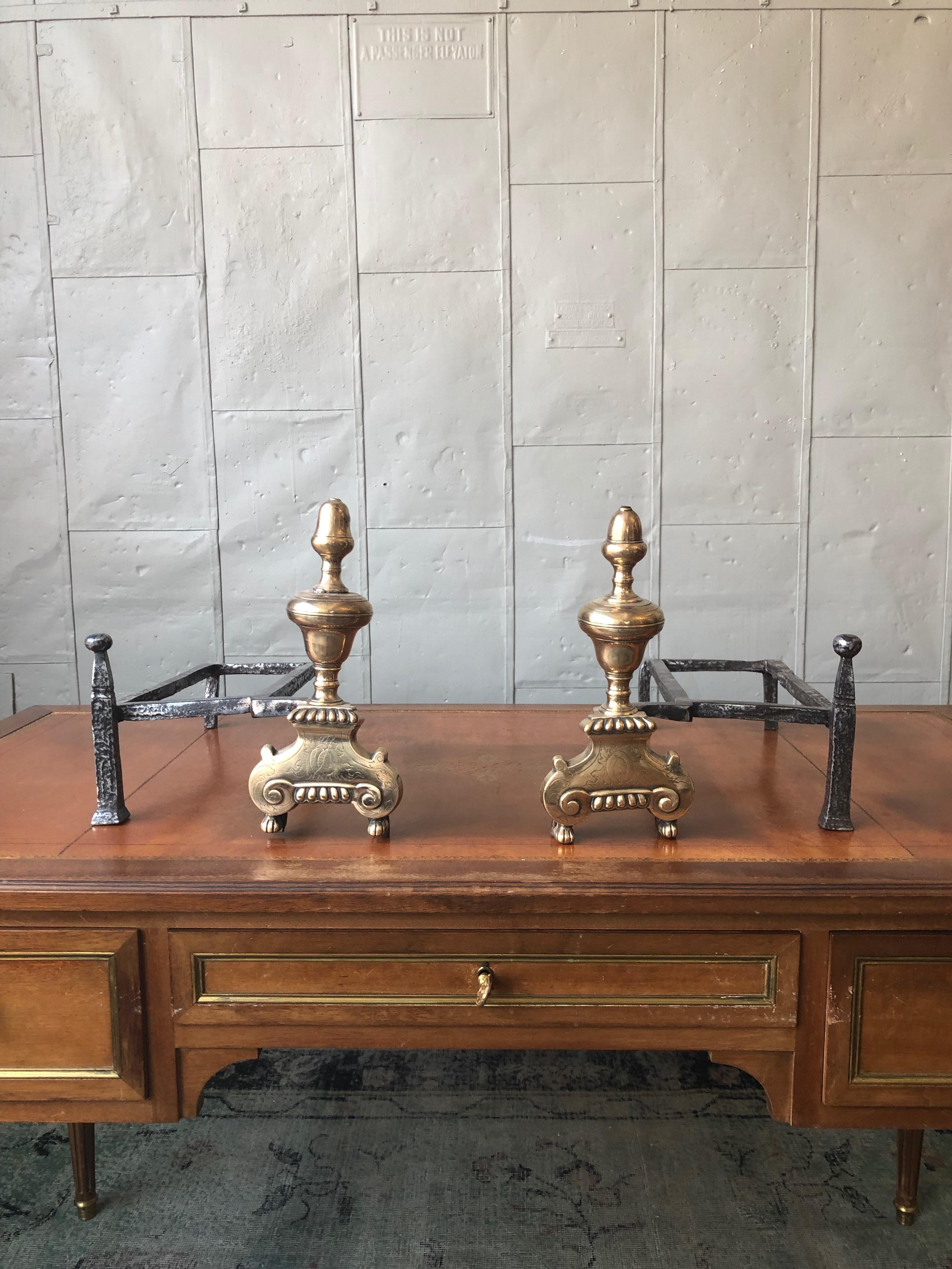 Pair of French 18th Century Brass and Iron Fireplace Andirons For Sale 6