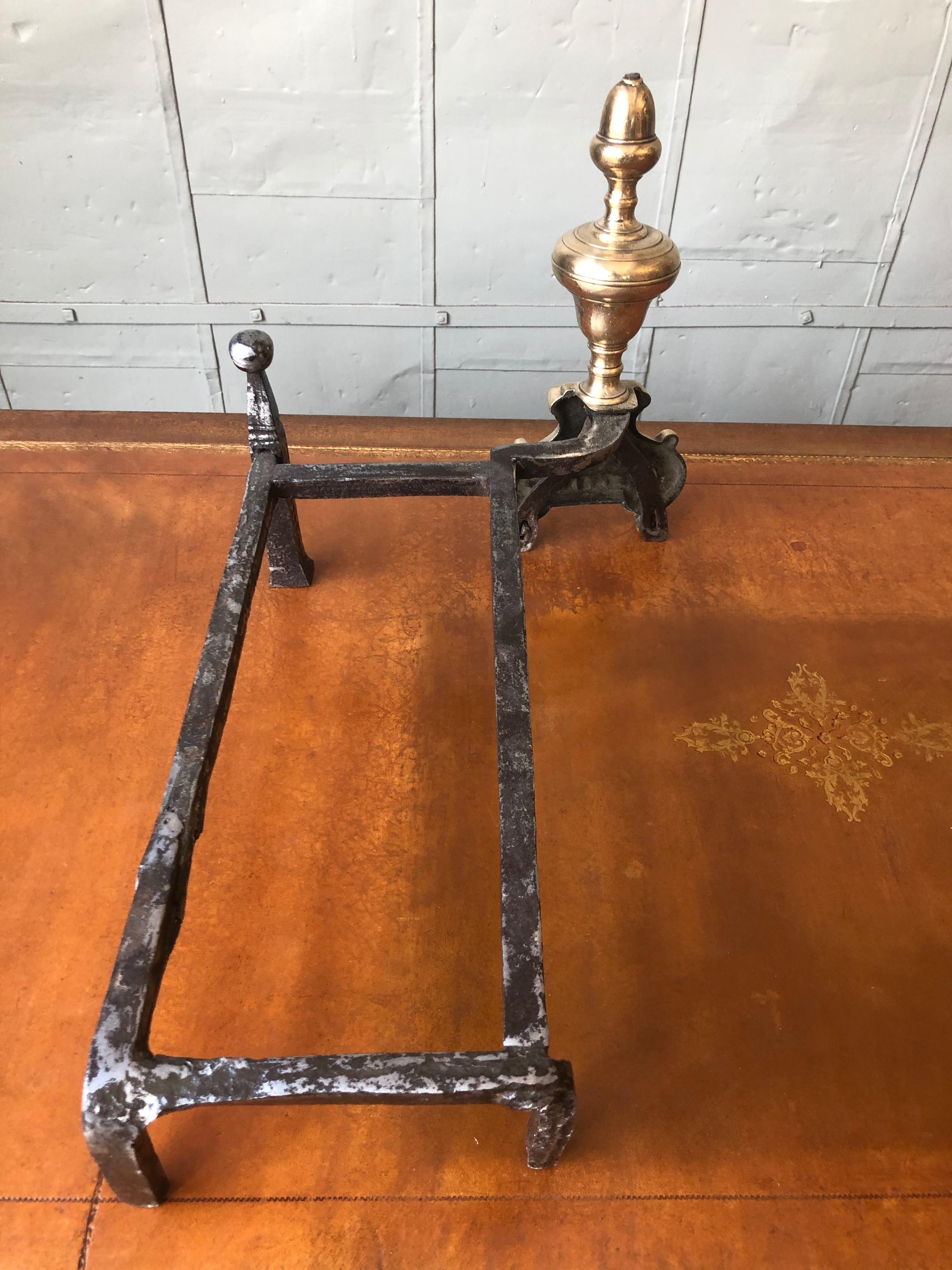 Pair of French 18th Century Brass and Iron Fireplace Andirons For Sale 8