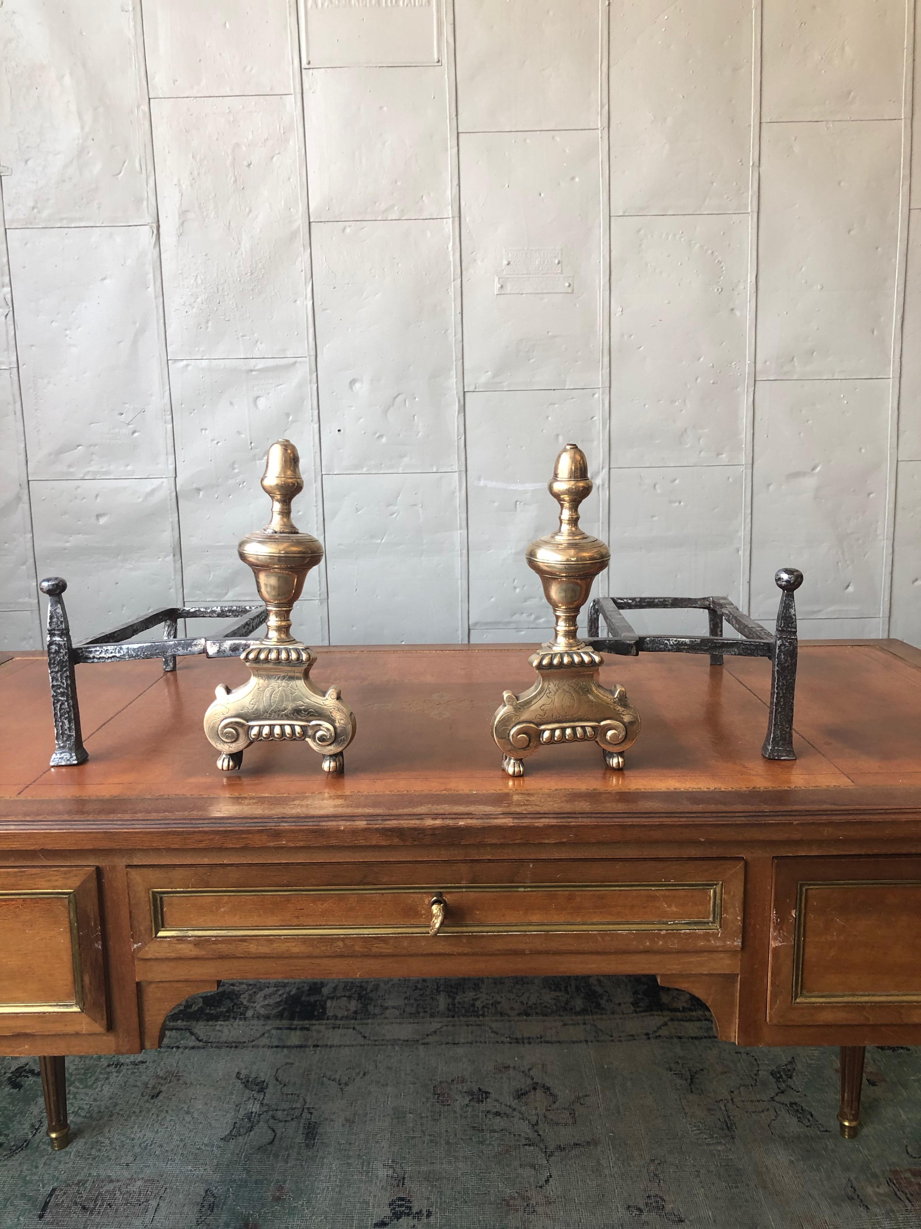 Pair of French 18th Century Brass and Iron Fireplace Andirons For Sale 10