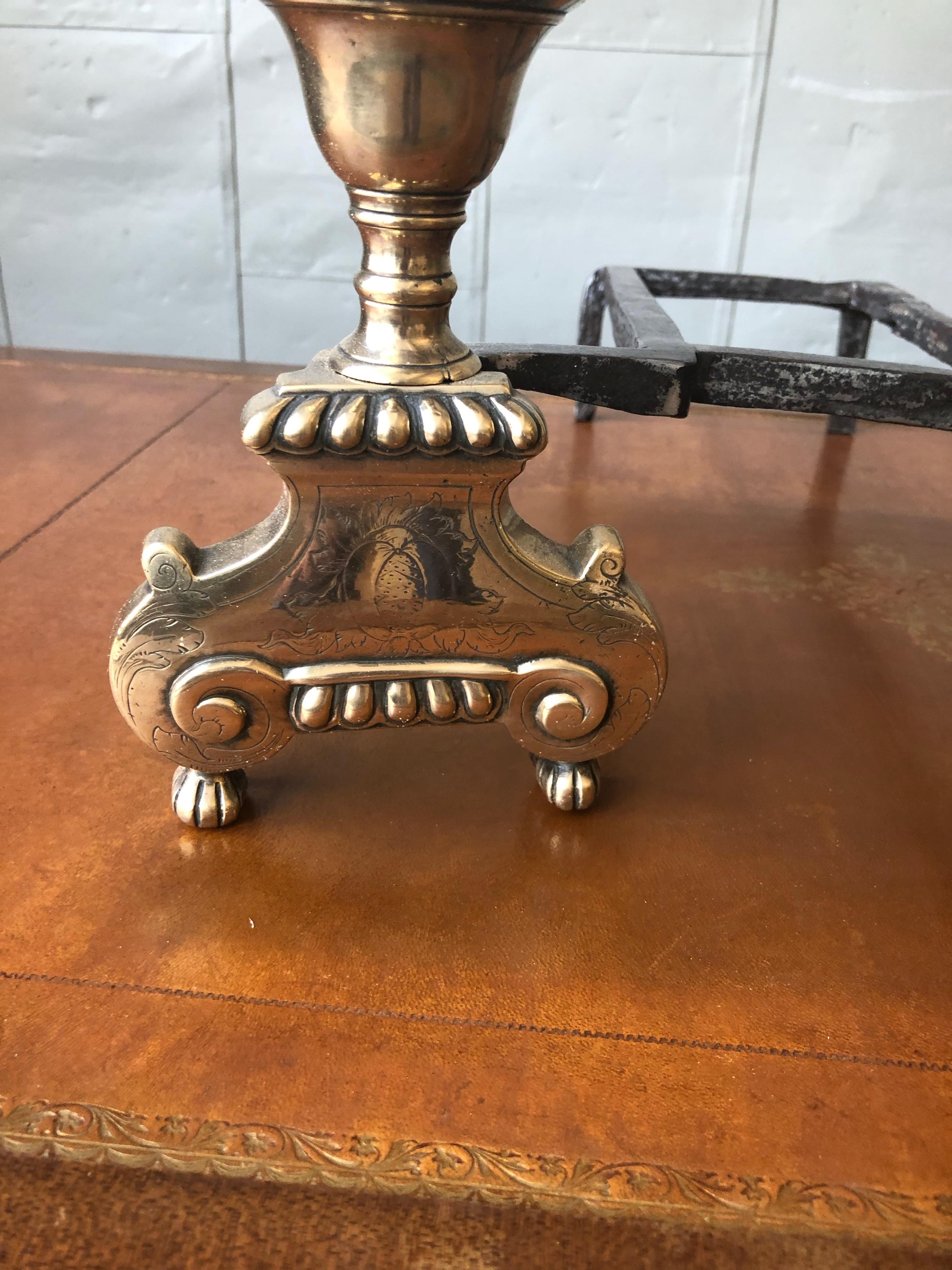 Pair of French 18th Century Brass and Iron Fireplace Andirons In Good Condition For Sale In Buchanan, NY