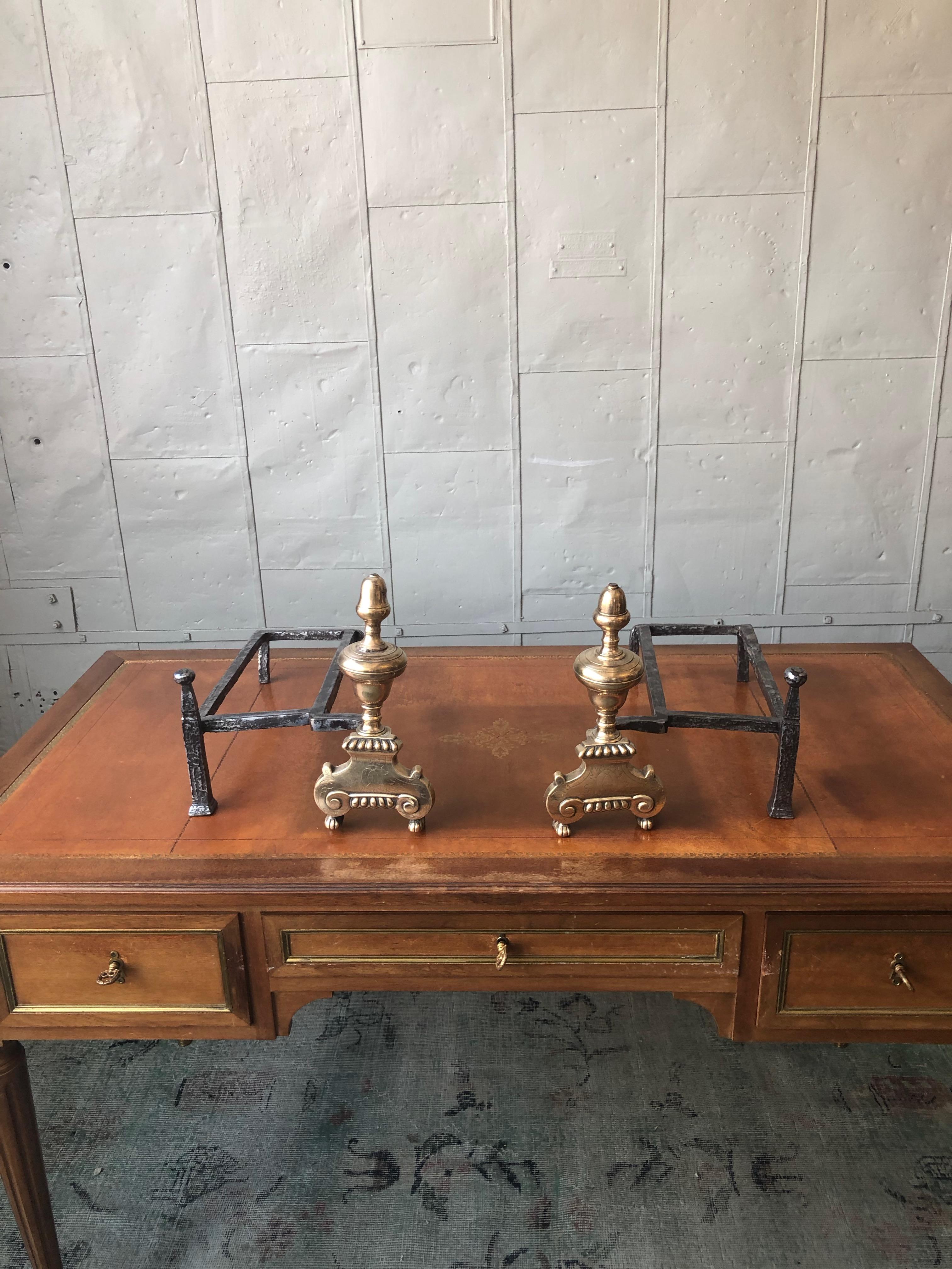 Pair of French 18th Century Brass and Iron Fireplace Andirons For Sale 1