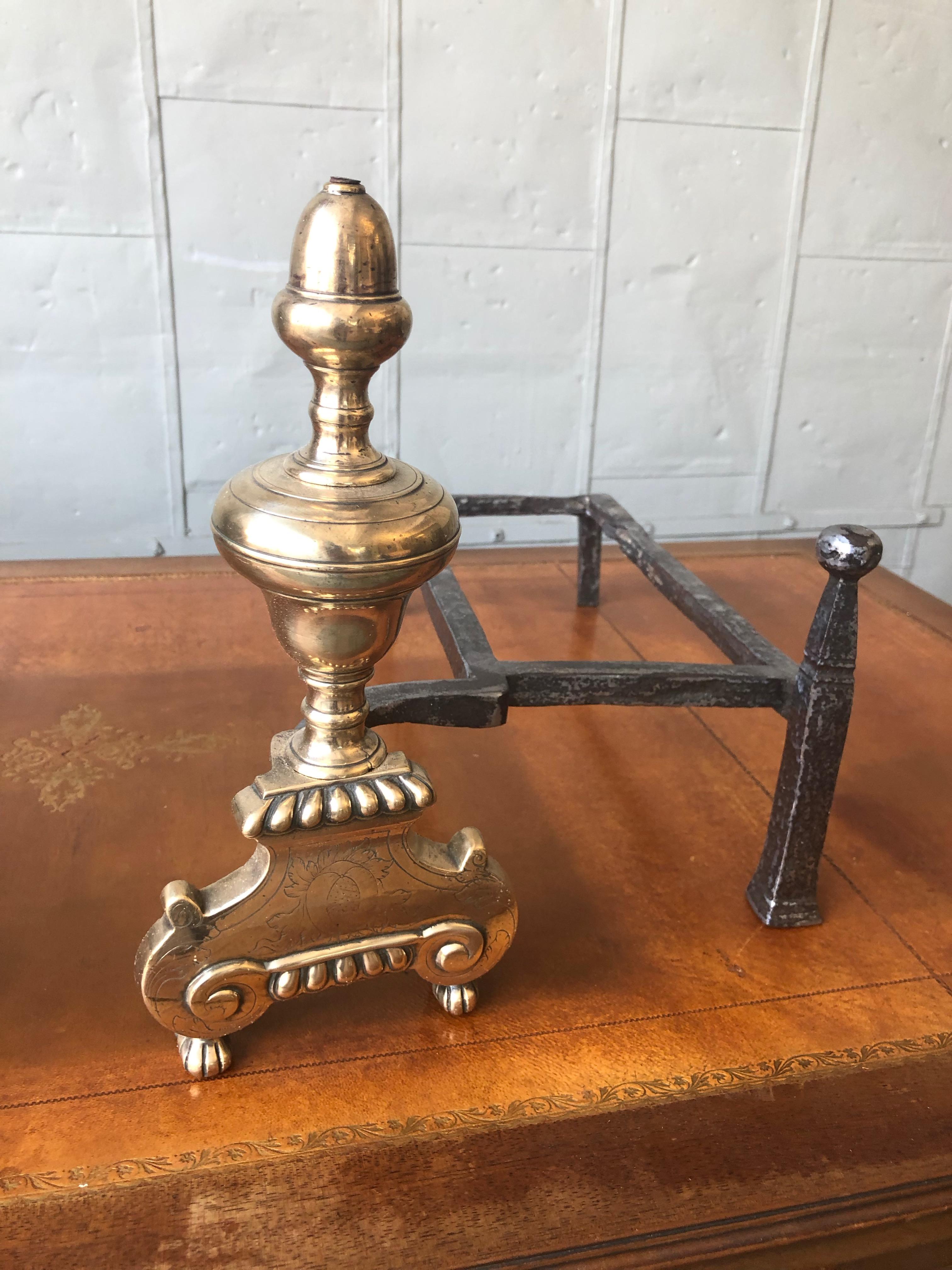 Pair of French 18th Century Brass and Iron Fireplace Andirons For Sale 3