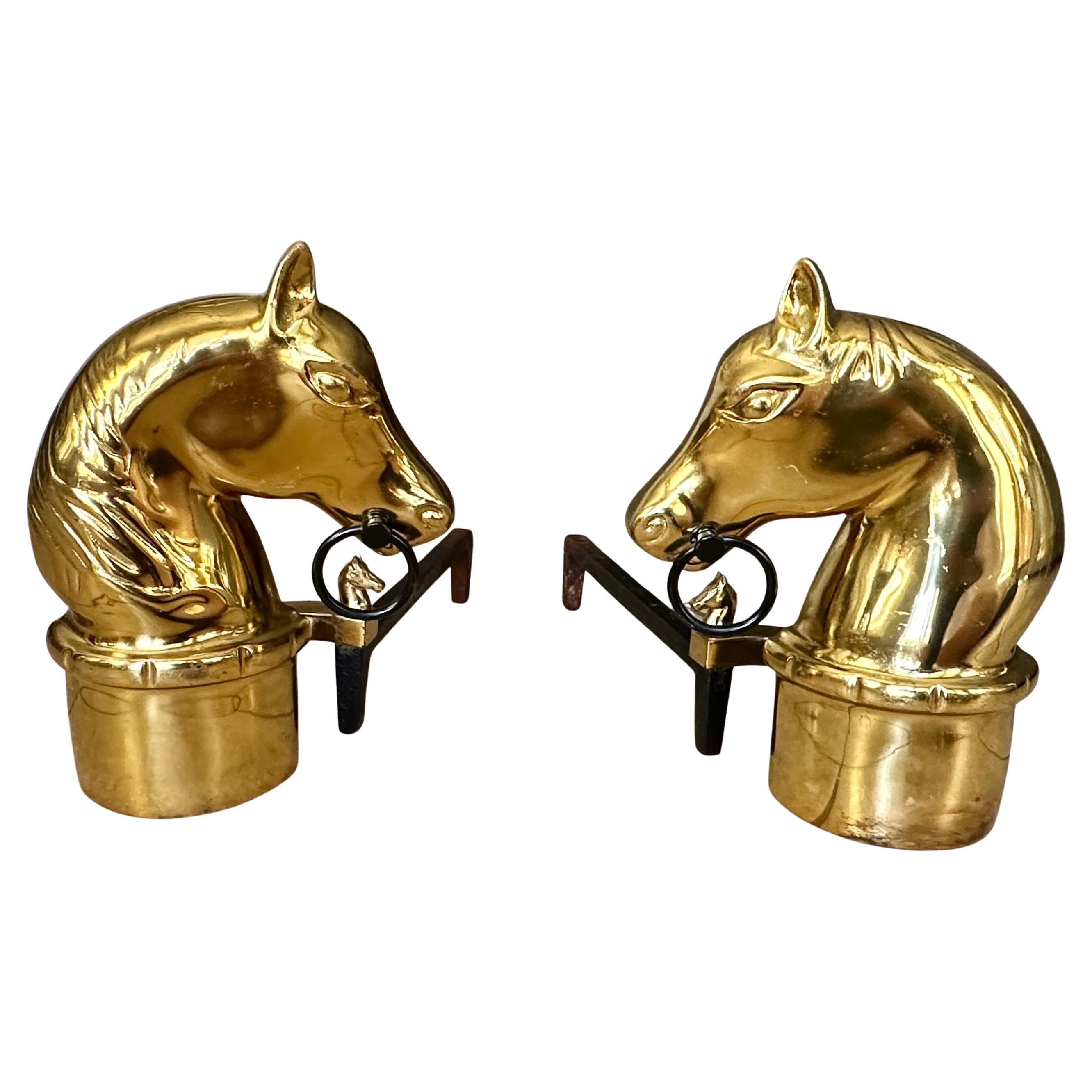 Brass and Iron Horse Head Andirons, Equestrian Motif, USA, 1960s