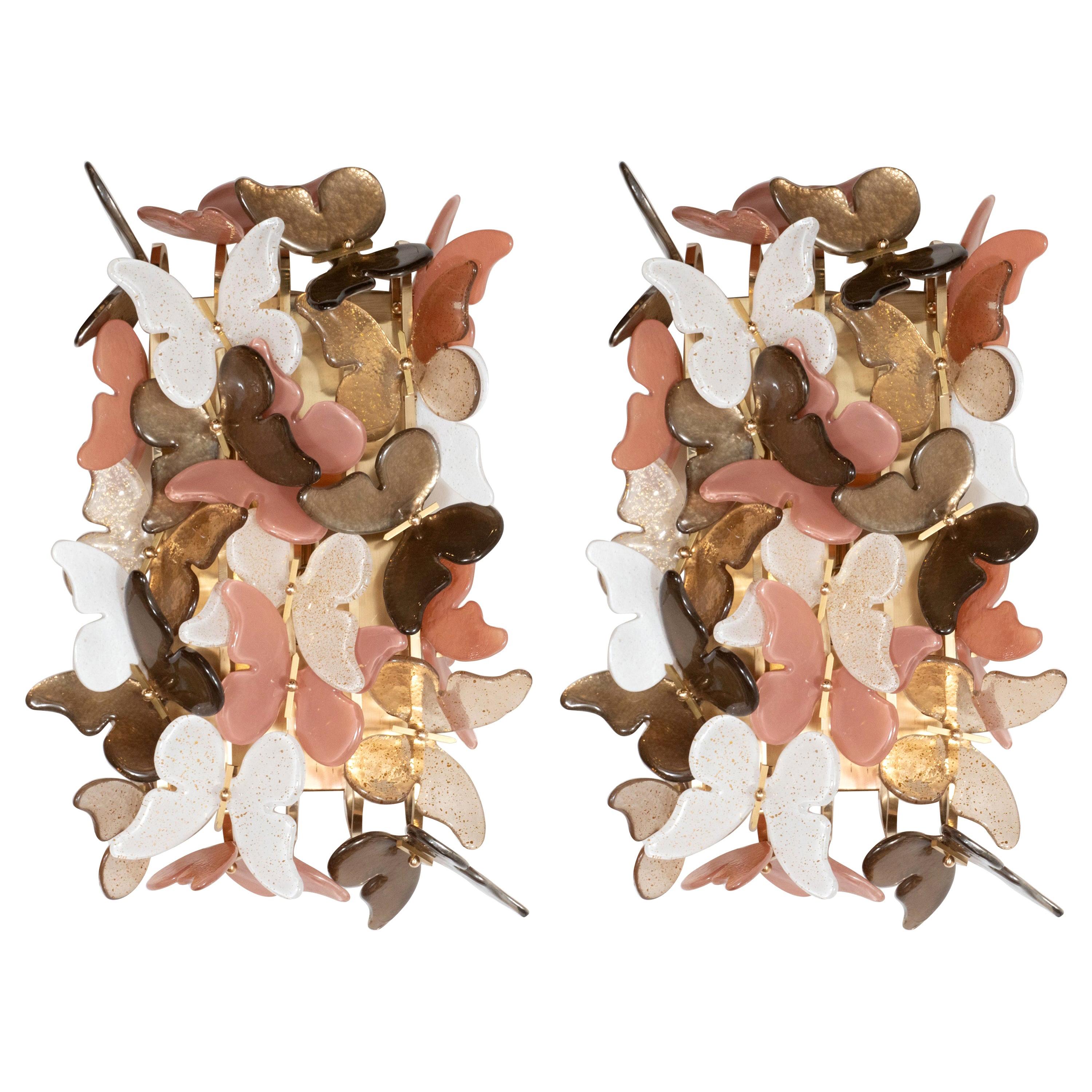 Pair of Brass and Ivory, Coral and Bronze Murano Glass Butterfly Sconces, Italy