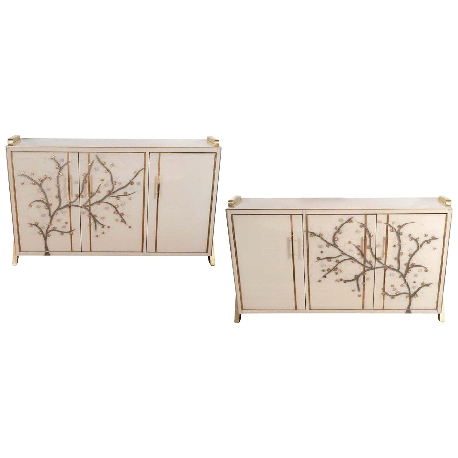 Pair of Brass and Ivory "Flowering Branches" Glass Sideboards, Italy