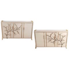 Pair of Brass and Ivory Hand Painted Murano Glass Flower Sideboard, Italy, 2019