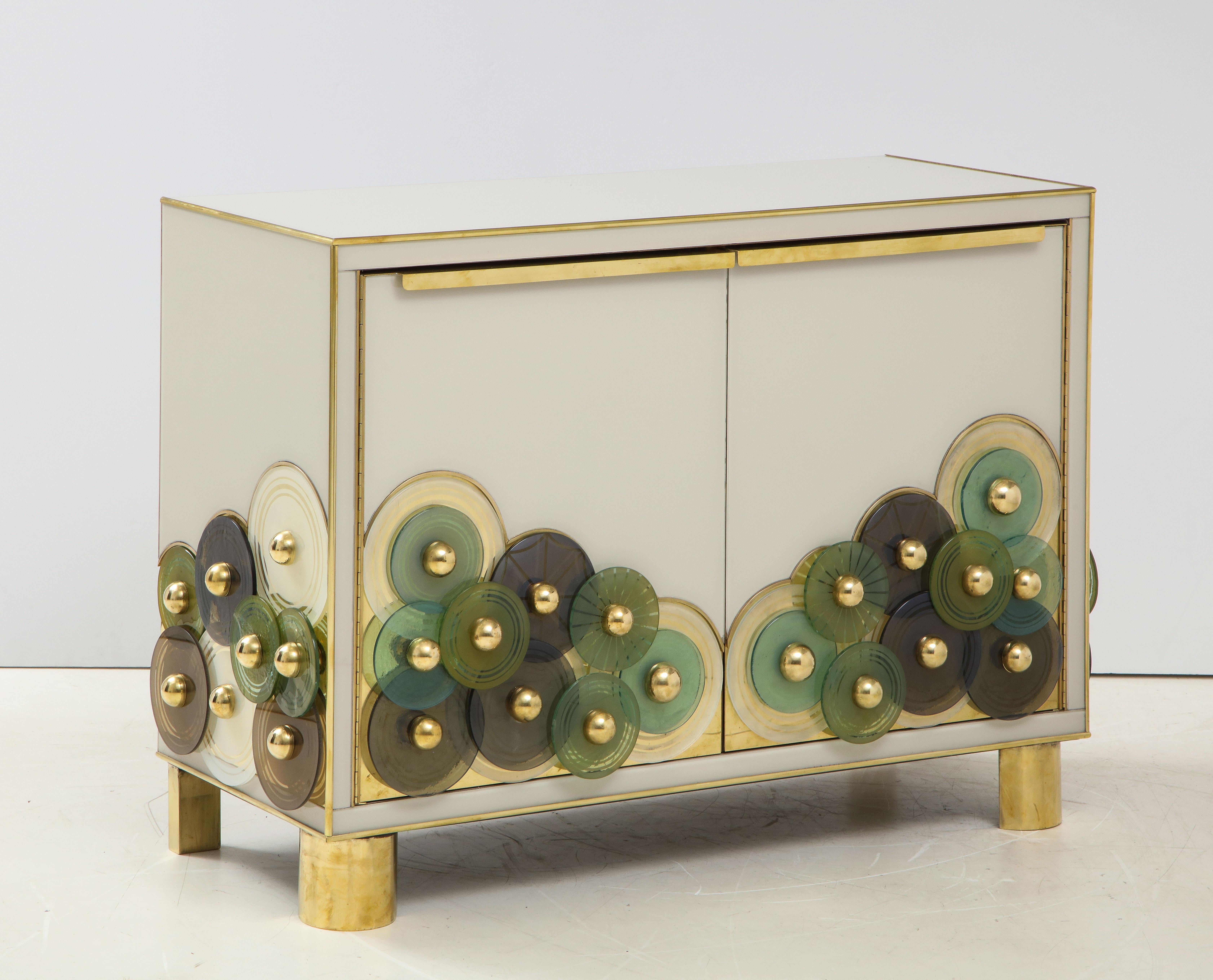 Pair of Brass and Ivory Murano Glass with Glass Discs Sideboards, Italy 4