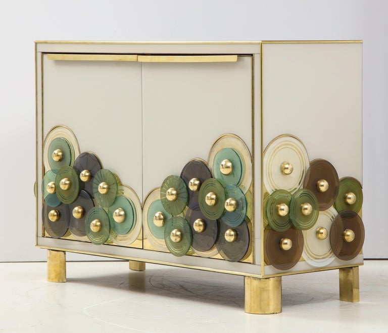 Pair of Brass and Ivory Murano Glass with Glass Discs Sideboards, Italy For Sale 13