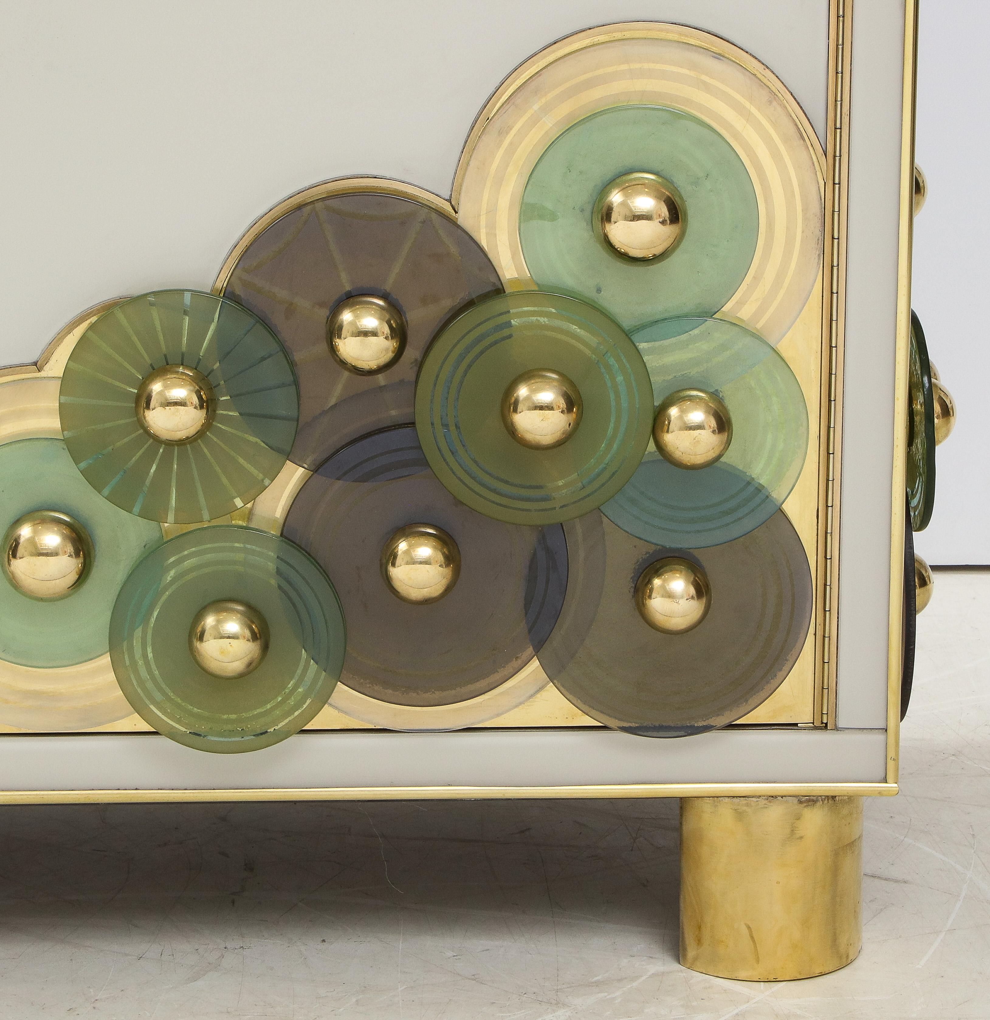 Italian Pair of Brass and Ivory Murano Glass with Glass Discs Sideboards, Italy