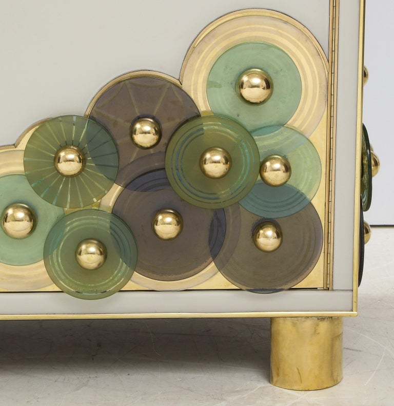 Italian Pair of Brass and Ivory Murano Glass with Glass Discs Sideboards, Italy For Sale